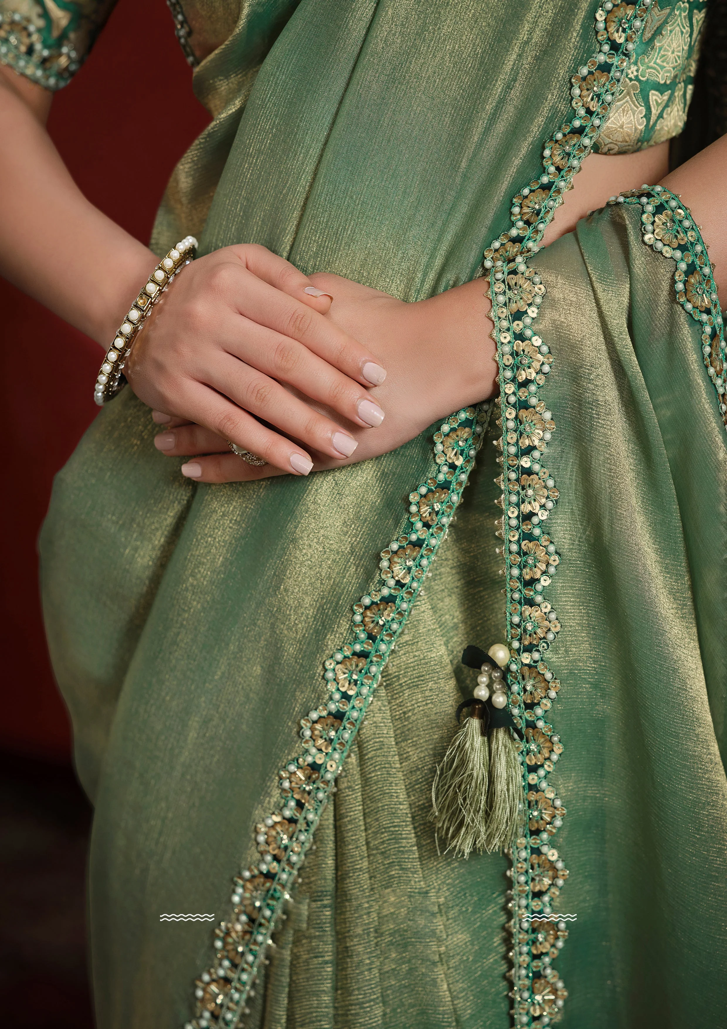 Sage Green Embellished Tissue Silk Saree - Image 6