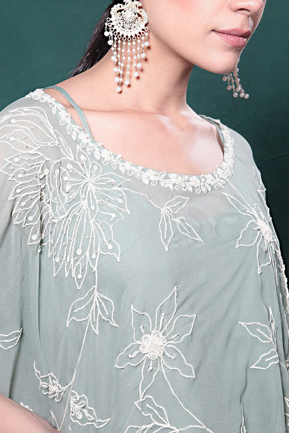 Sage Green Embroidered Kaftan Set - Image 7