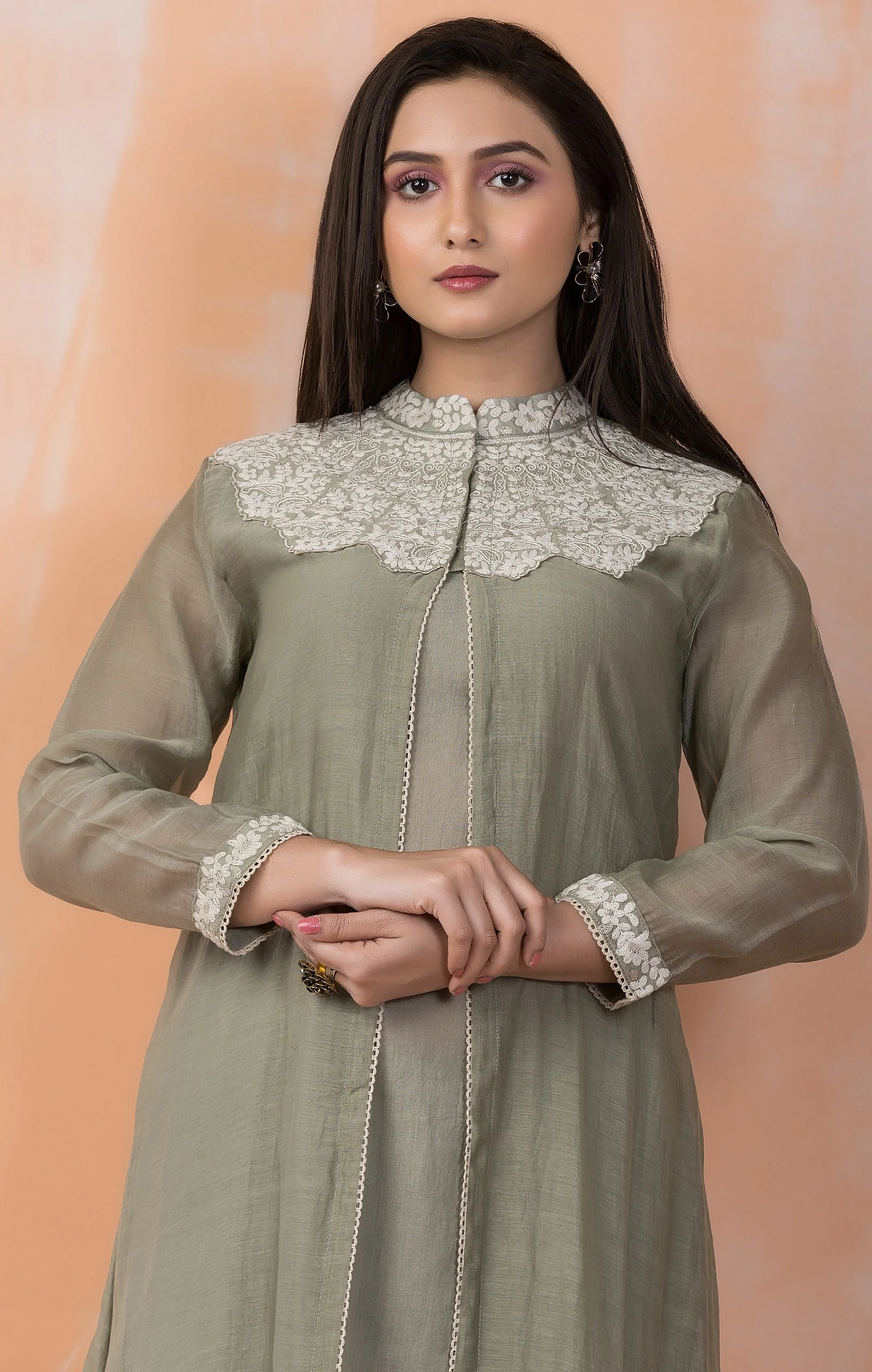 Sage Green Embroidered Mul-Chanderi Silk Kurta Set - Image 2