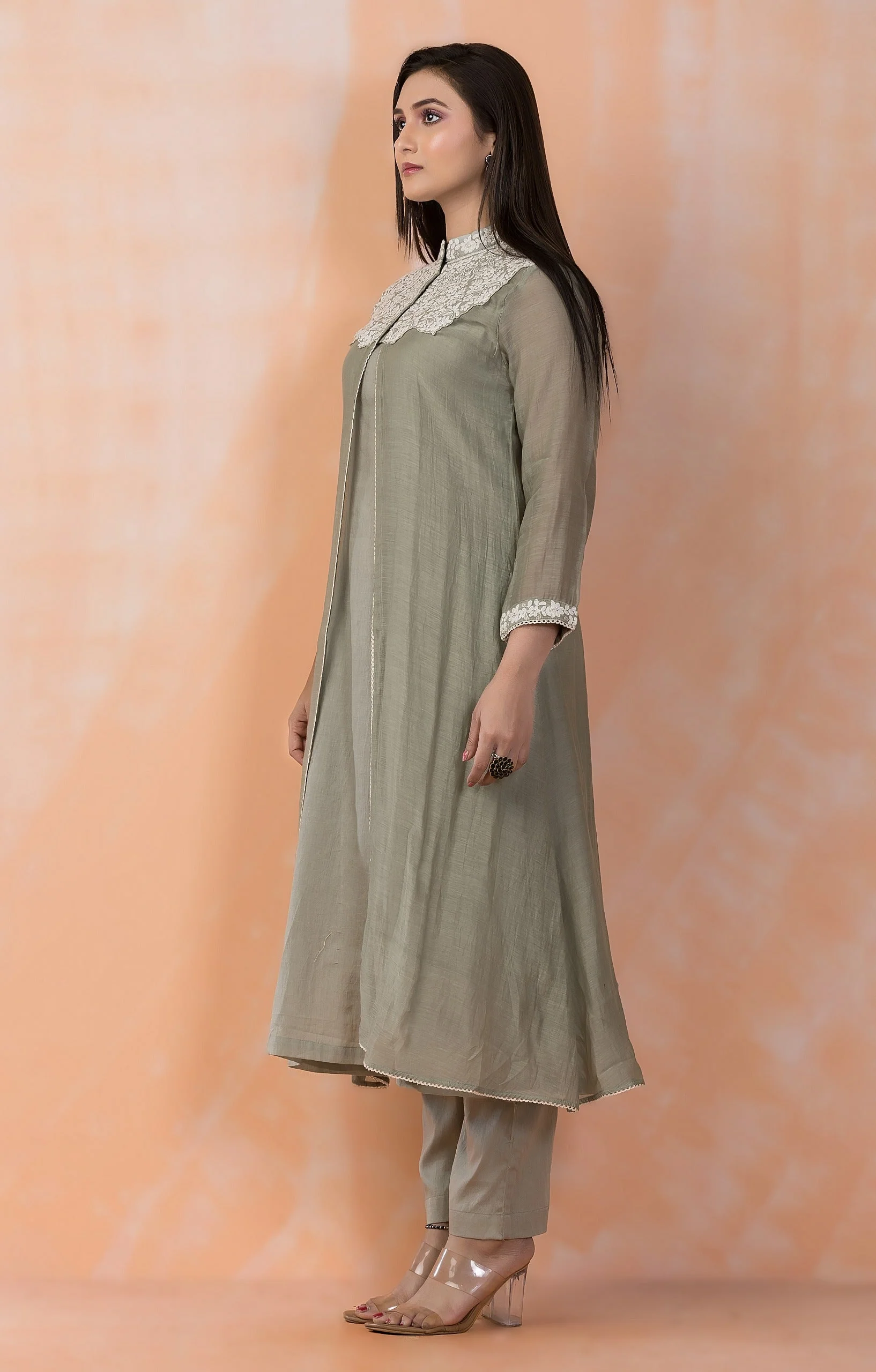 Sage Green Embroidered Mul-Chanderi Silk Kurta Set - Image 4