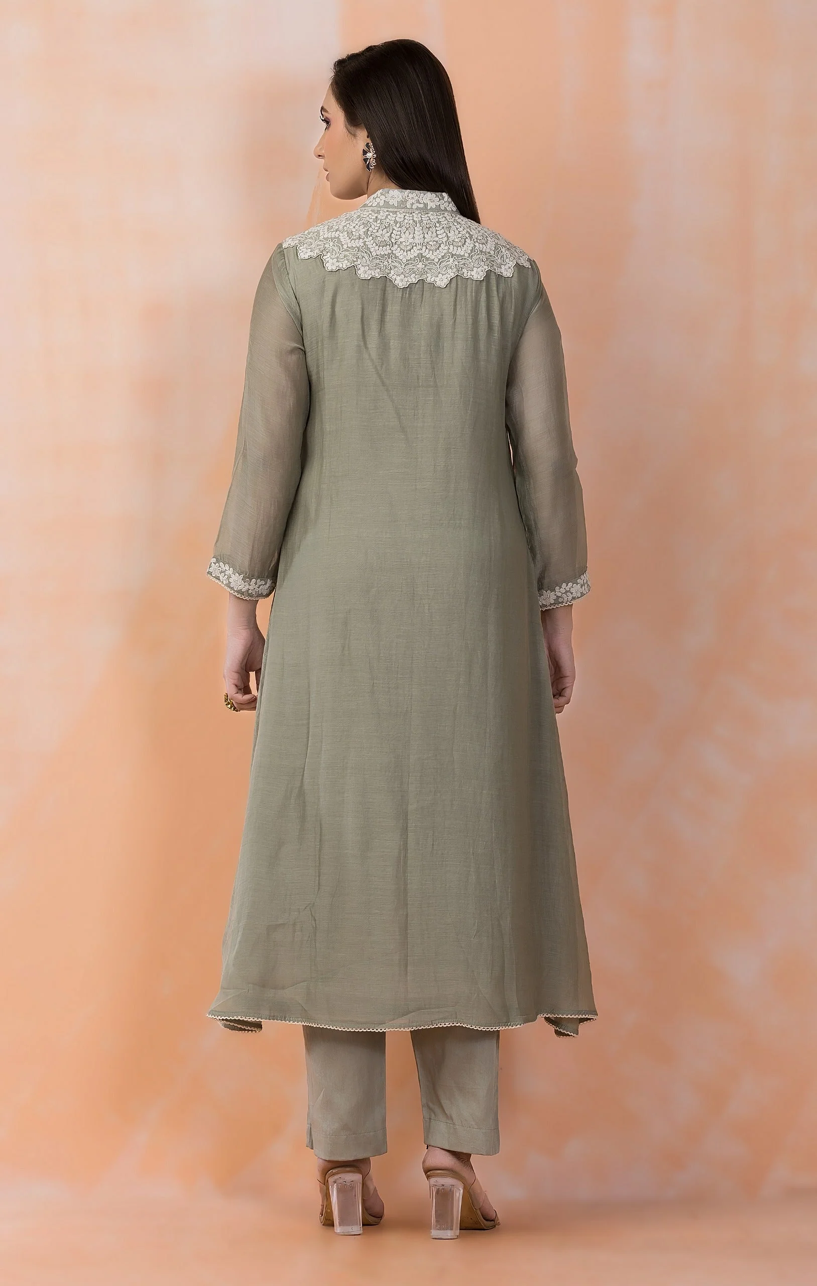Sage Green Embroidered Mul-Chanderi Silk Kurta Set - Image 5