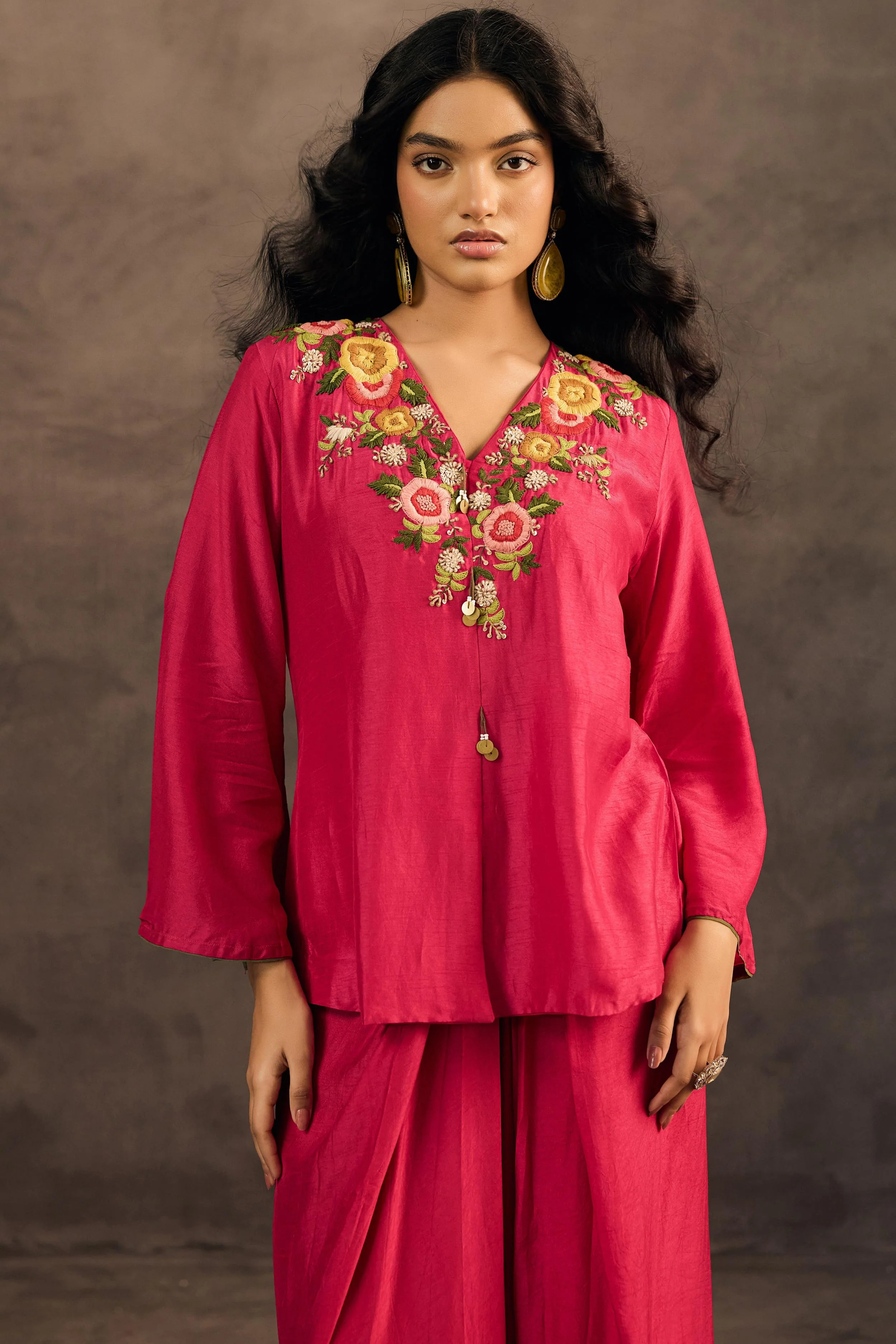 Rani Pink Embroidered Raw Silk Skirt Set - Image 3