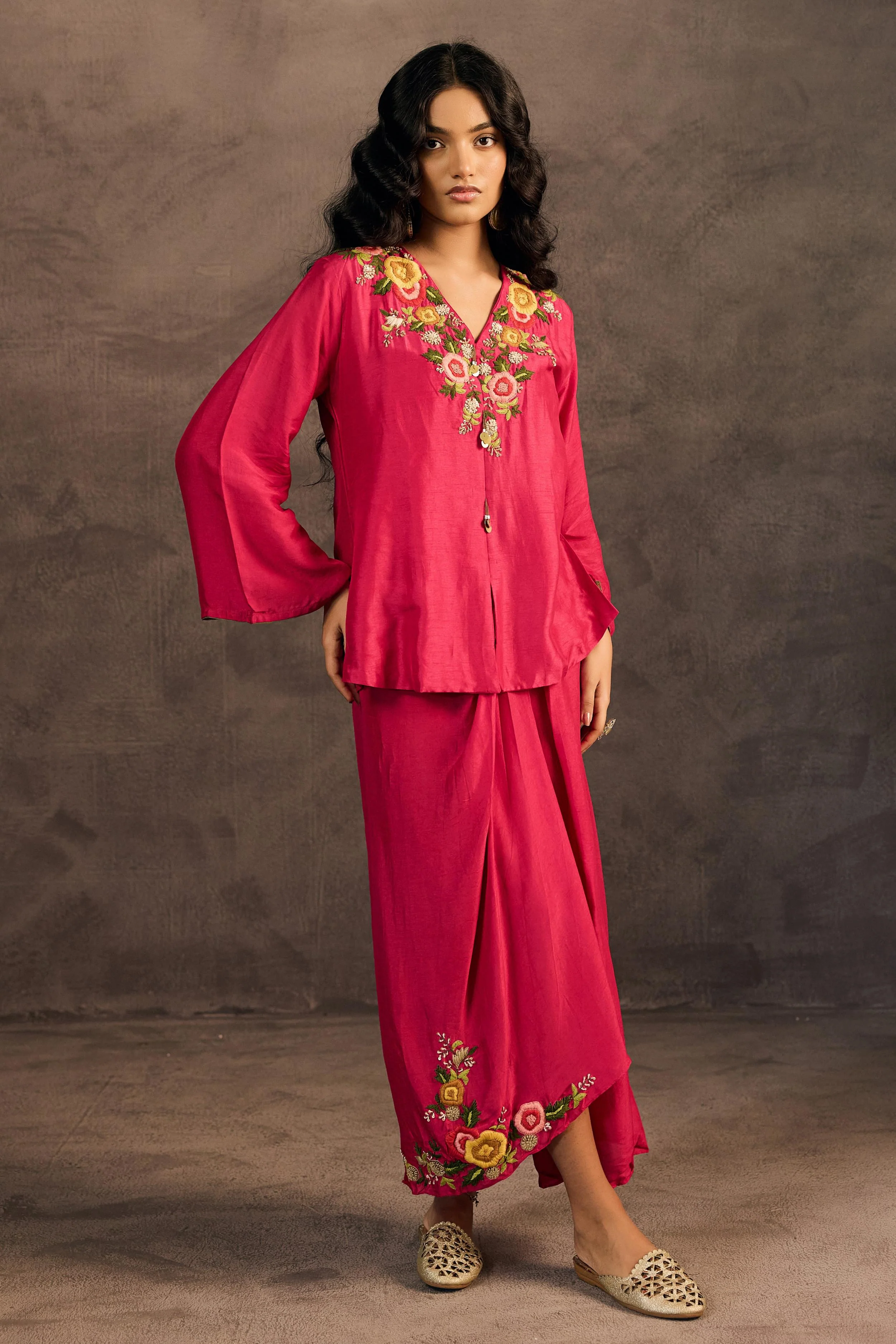 Rani Pink Embroidered Raw Silk Skirt Set - Image 4