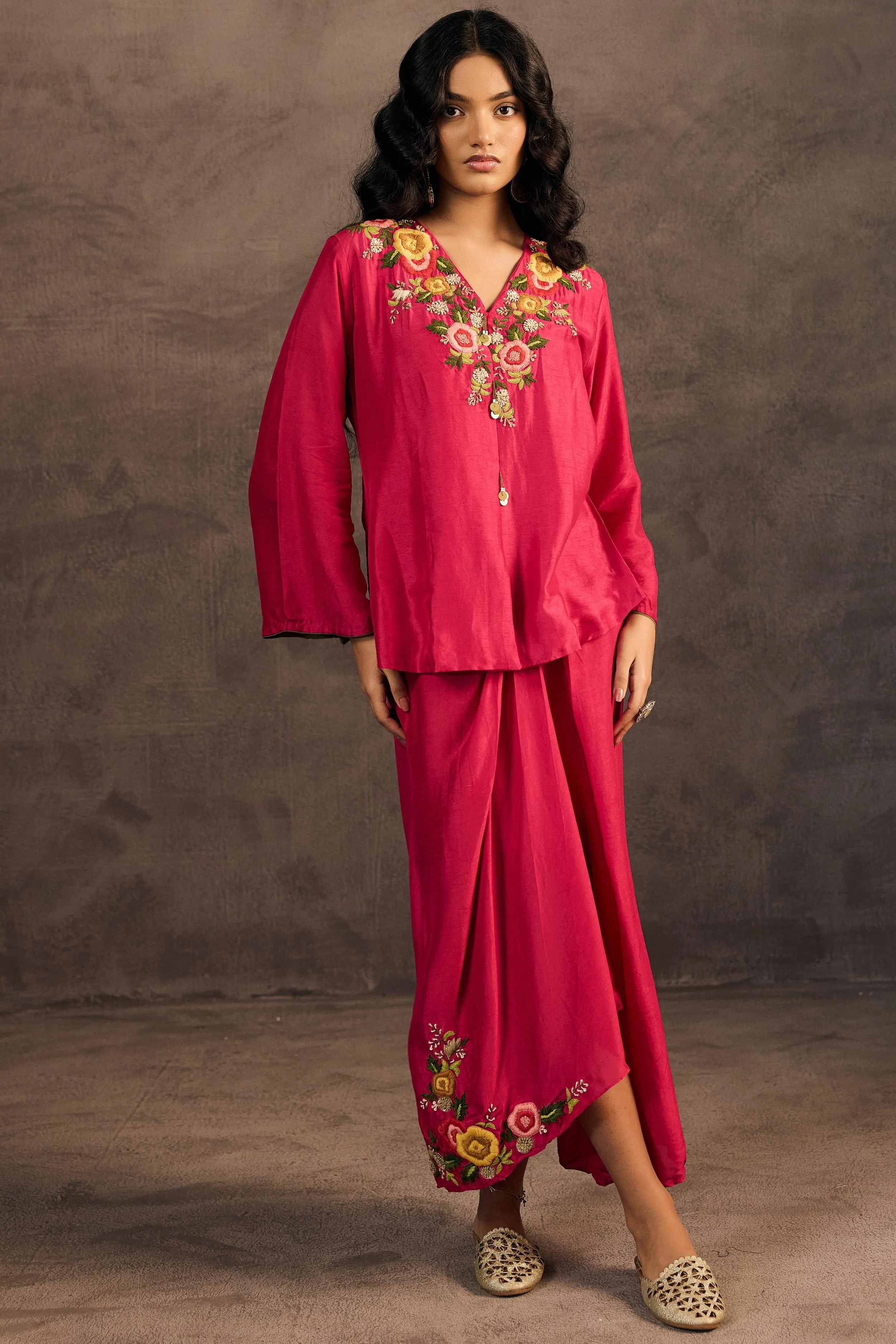 Rani Pink Embroidered Raw Silk Skirt Set - Image 5