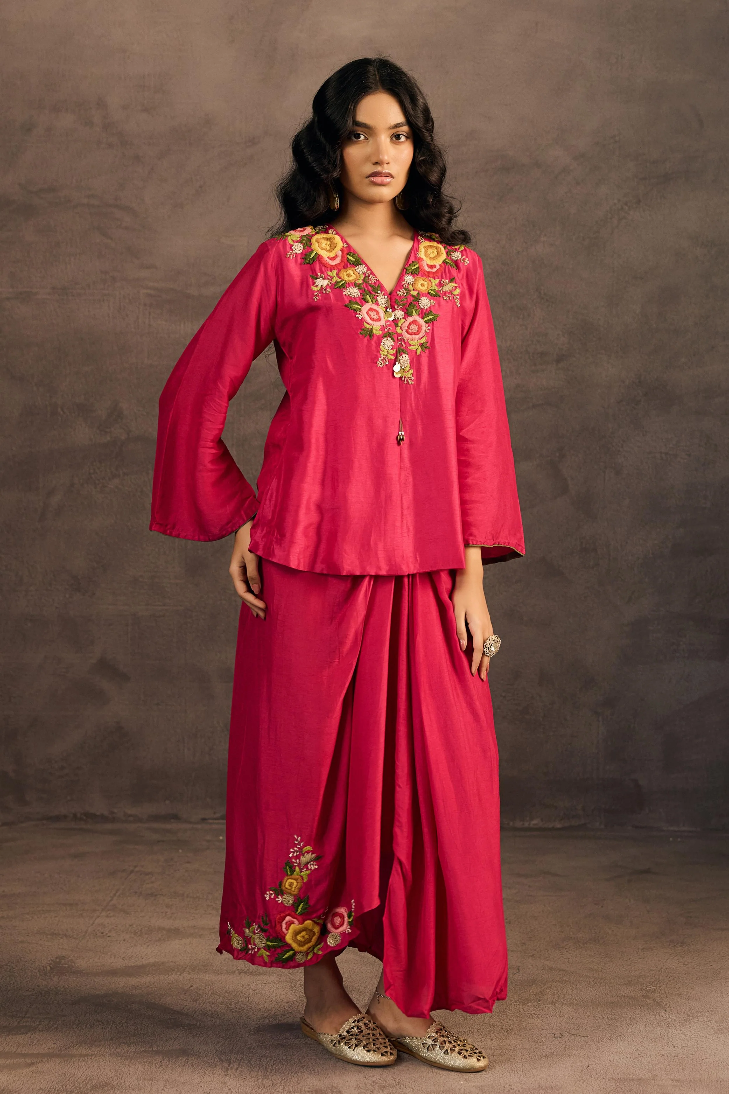 Rani Pink Embroidered Raw Silk Skirt Set - Image 6