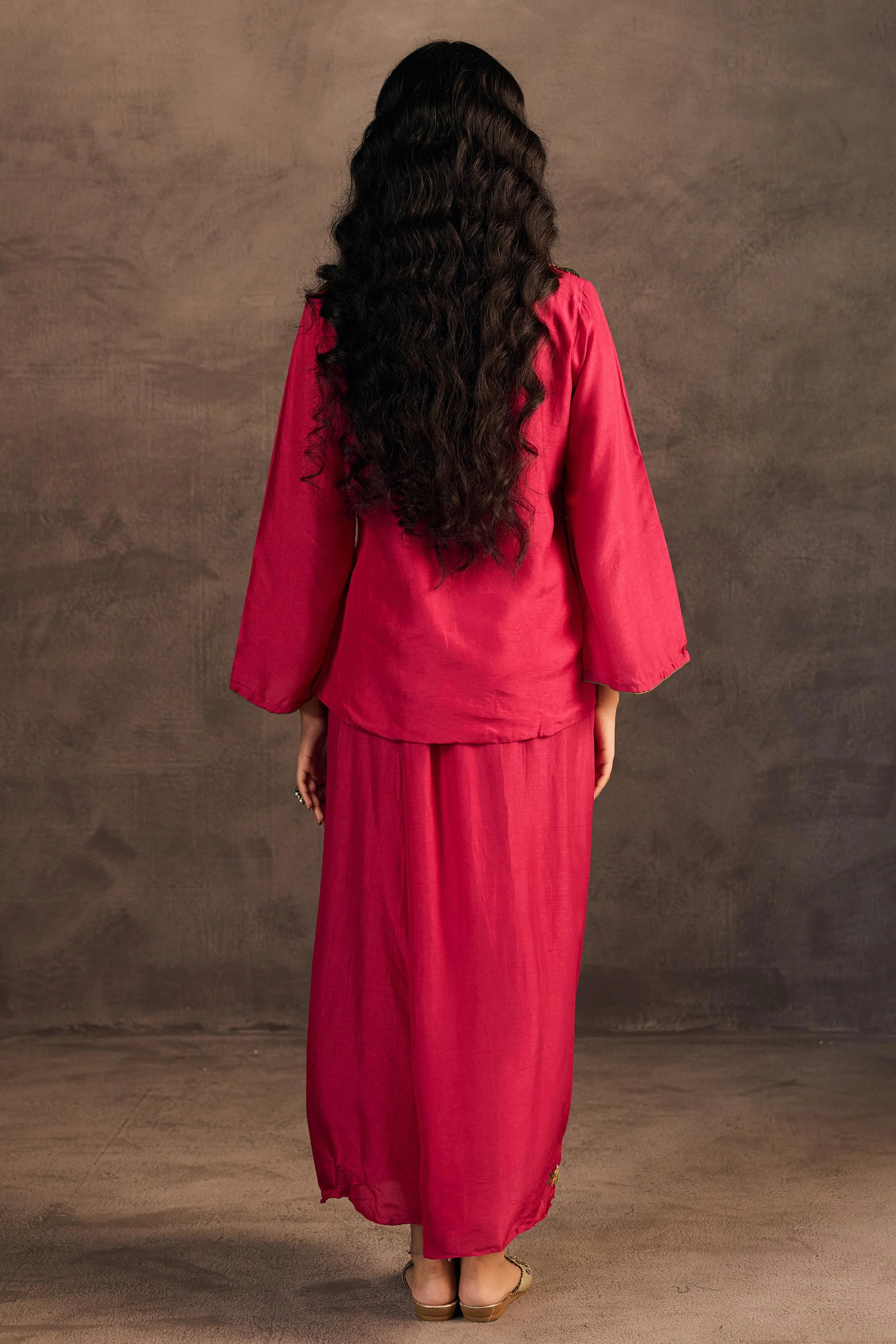 Rani Pink Embroidered Raw Silk Skirt Set - Image 7