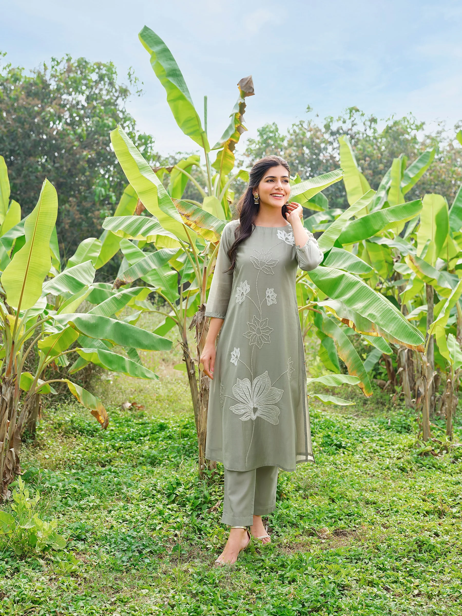 Sage Green Floral Embroidered Chanderi Silk Kurta Set