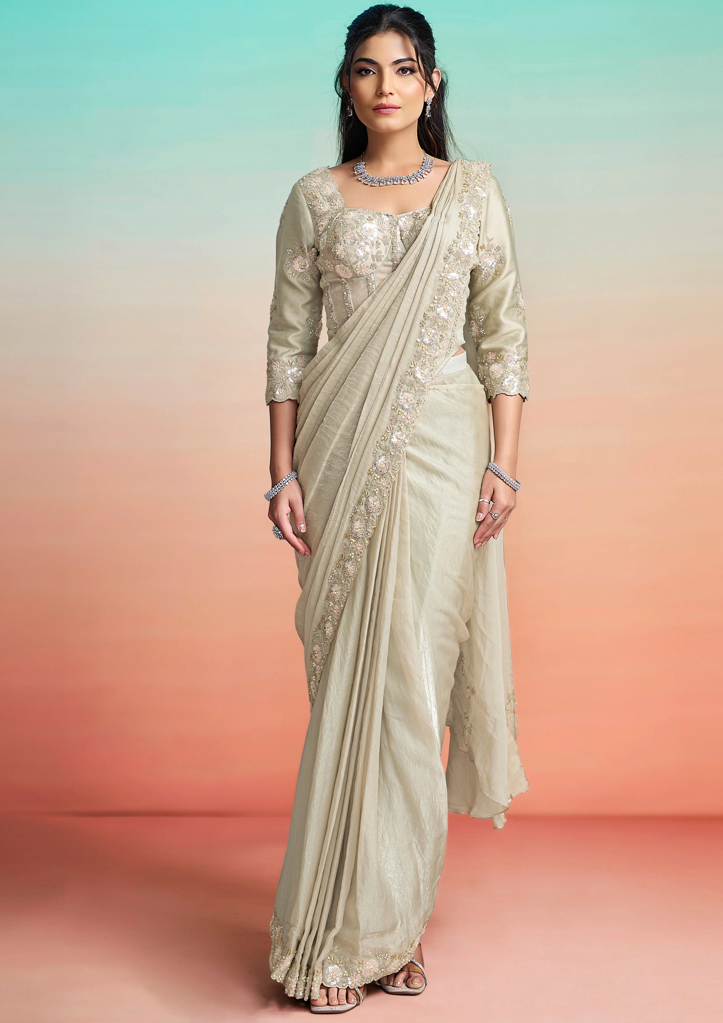 Pearl Grey Floral Embroidered Satin Silk Draped Saree