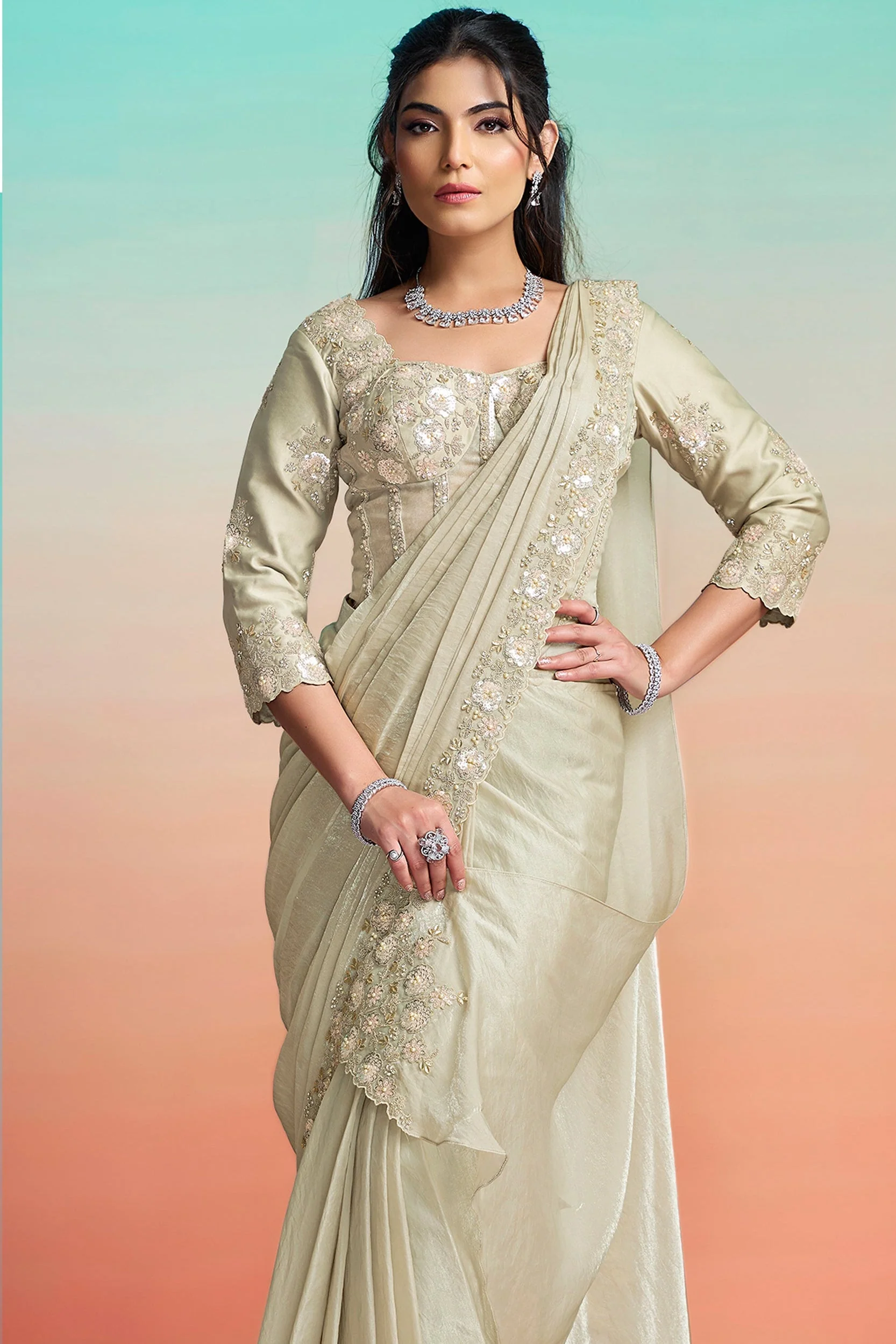 Pearl Grey Floral Embroidered Satin Silk Draped Saree - Image 2