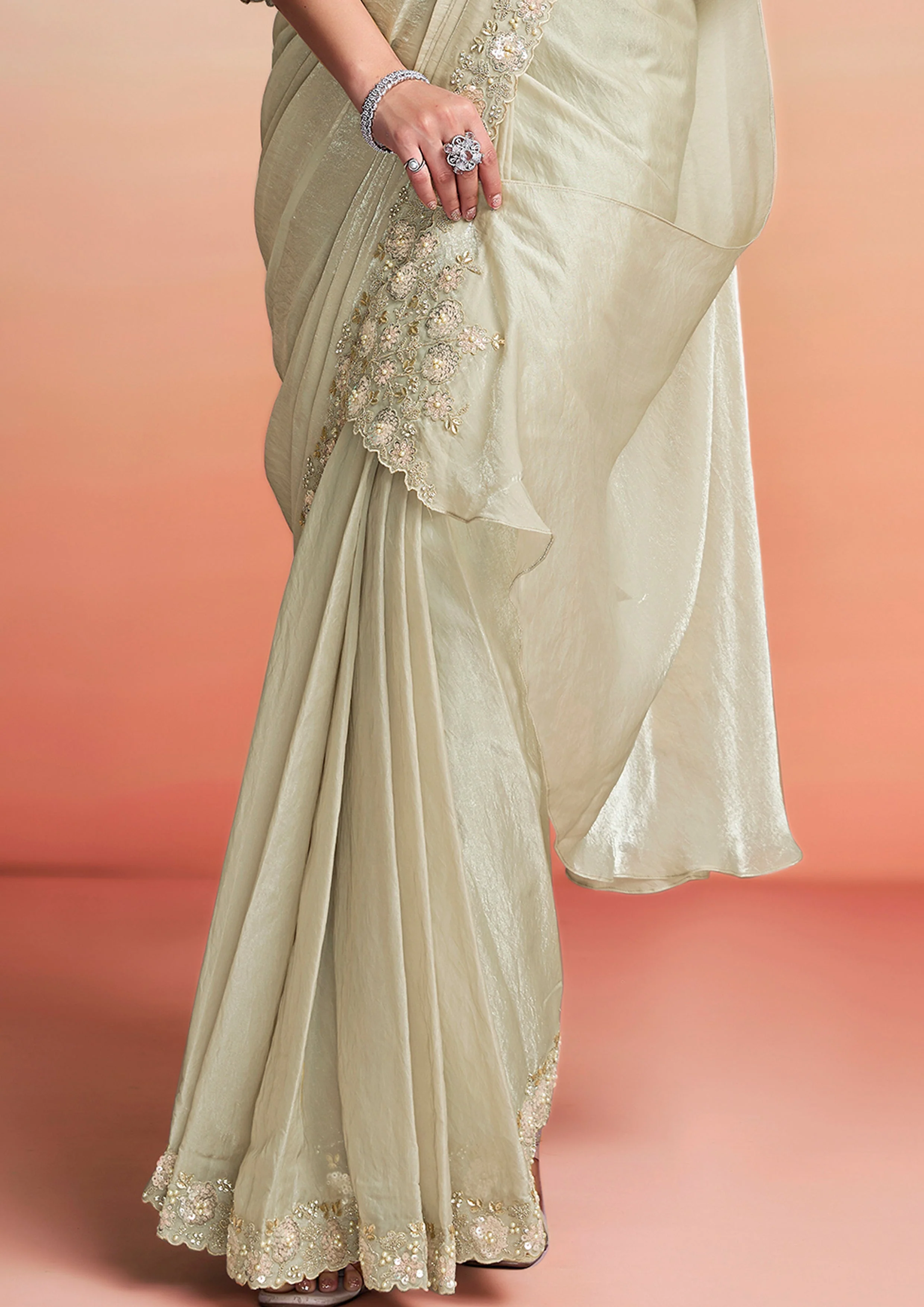 Pearl Grey Floral Embroidered Satin Silk Draped Saree - Image 5