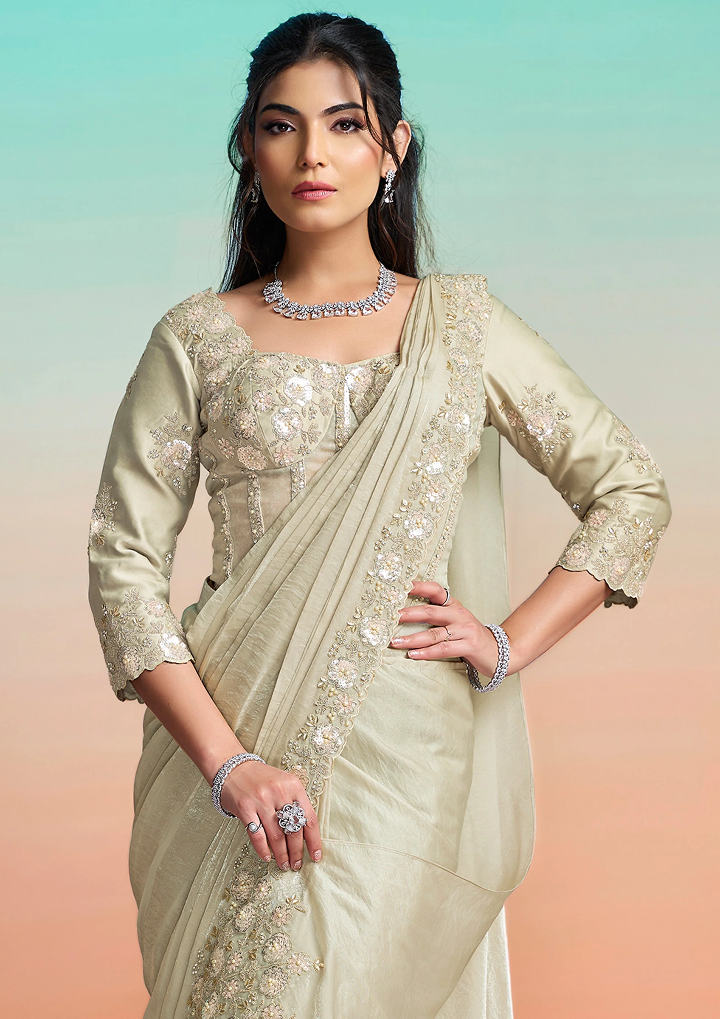 Pearl Grey Floral Embroidered Satin Silk Draped Saree - Image 7
