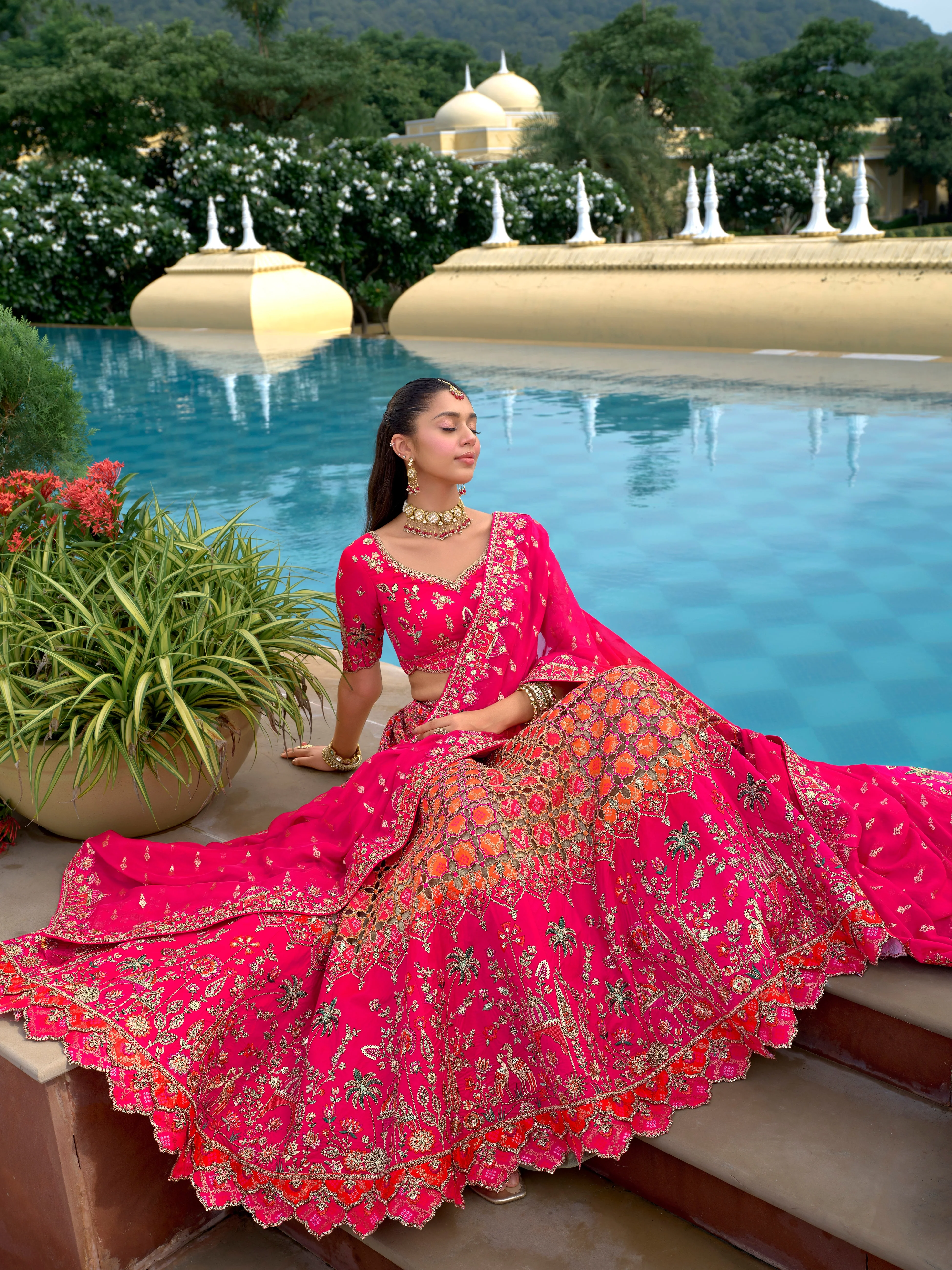 Bright Pink & Orange Embellished Tissue Silk Lehenga Set - Image 2