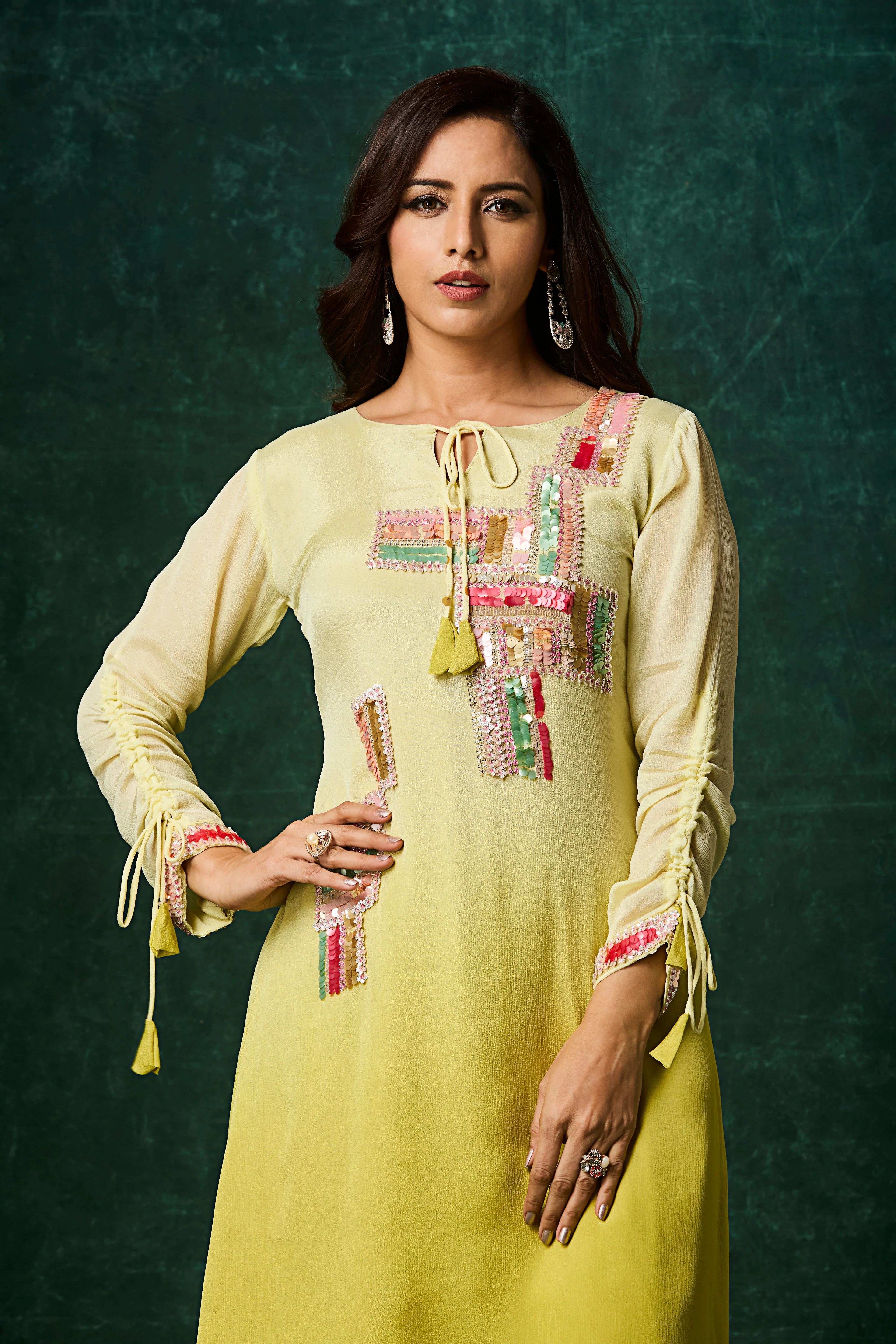 Lime Yellow Ombre Embellished Chinon Silk Kurta Set - Image 2