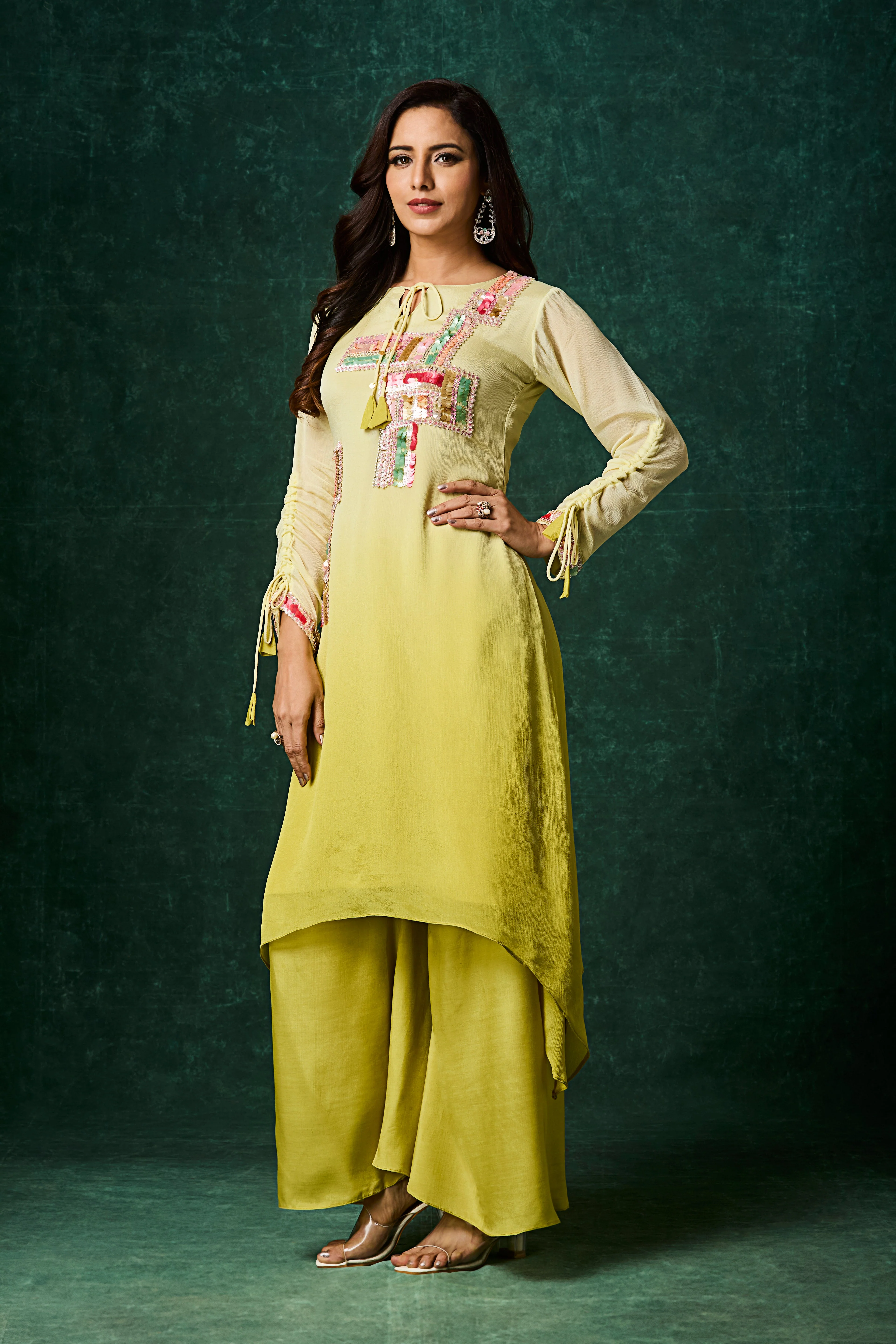Lime Yellow Ombre Embellished Chinon Silk Kurta Set - Image 3