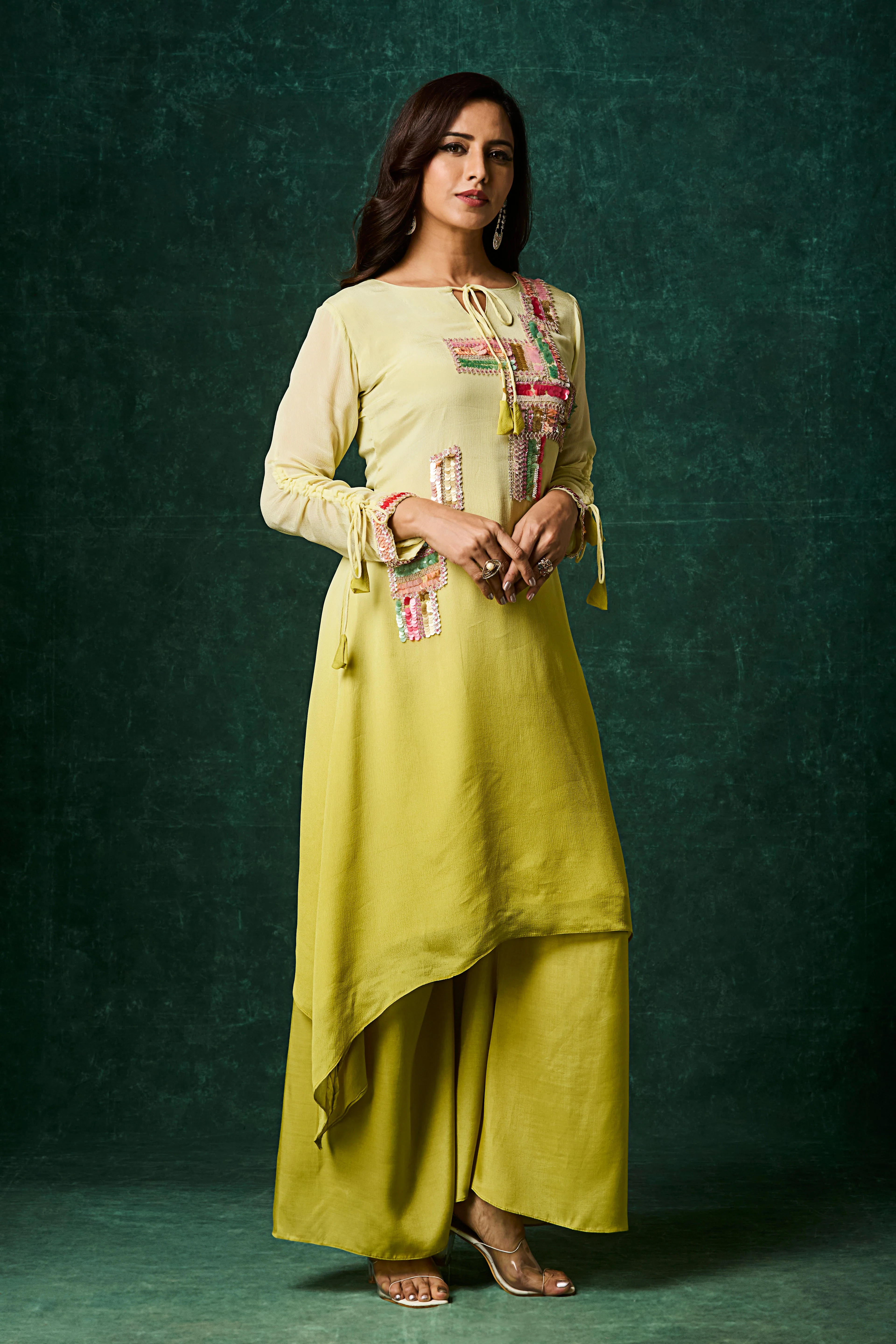 Lime Yellow Ombre Embellished Chinon Silk Kurta Set - Image 4