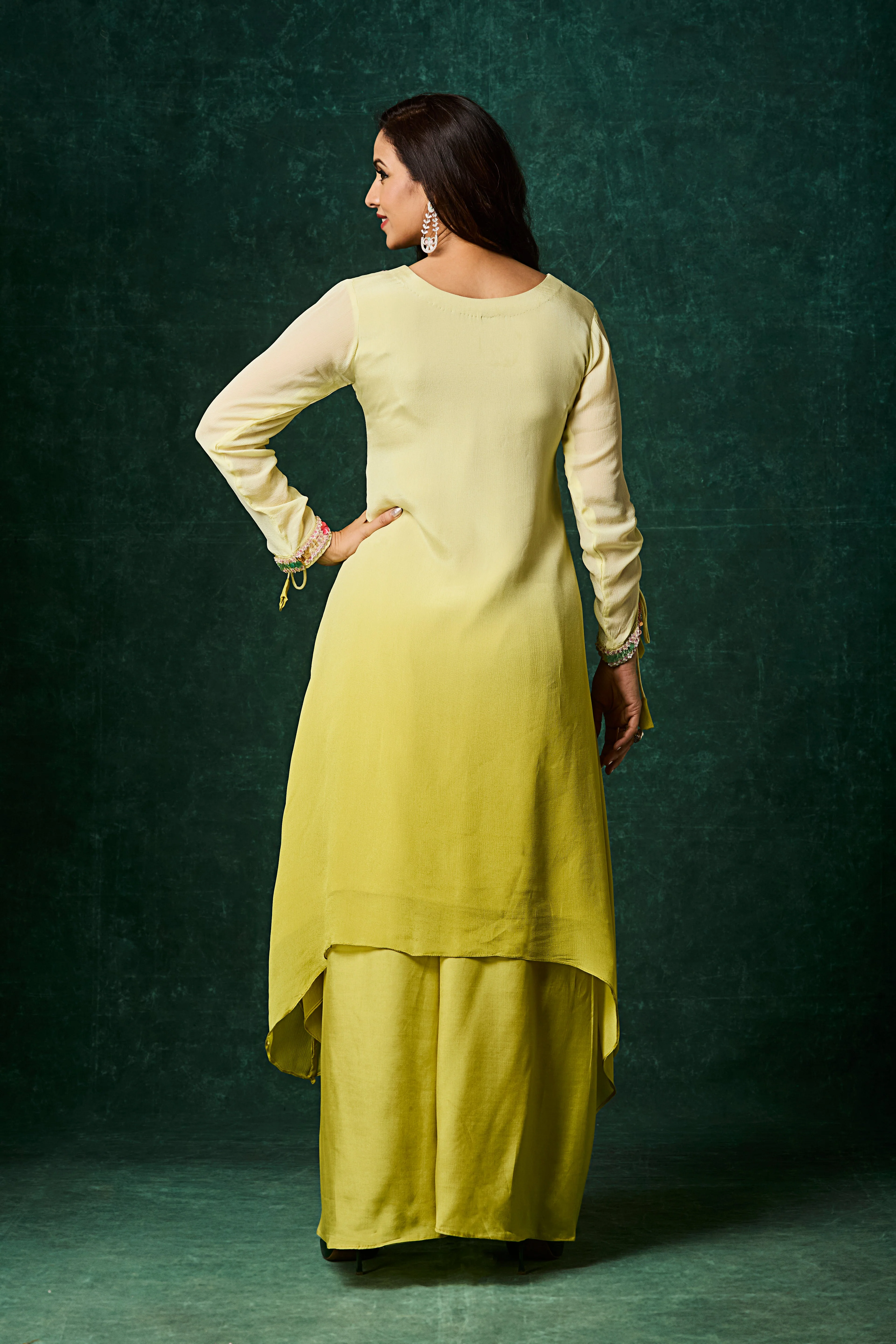 Lime Yellow Ombre Embellished Chinon Silk Kurta Set - Image 5