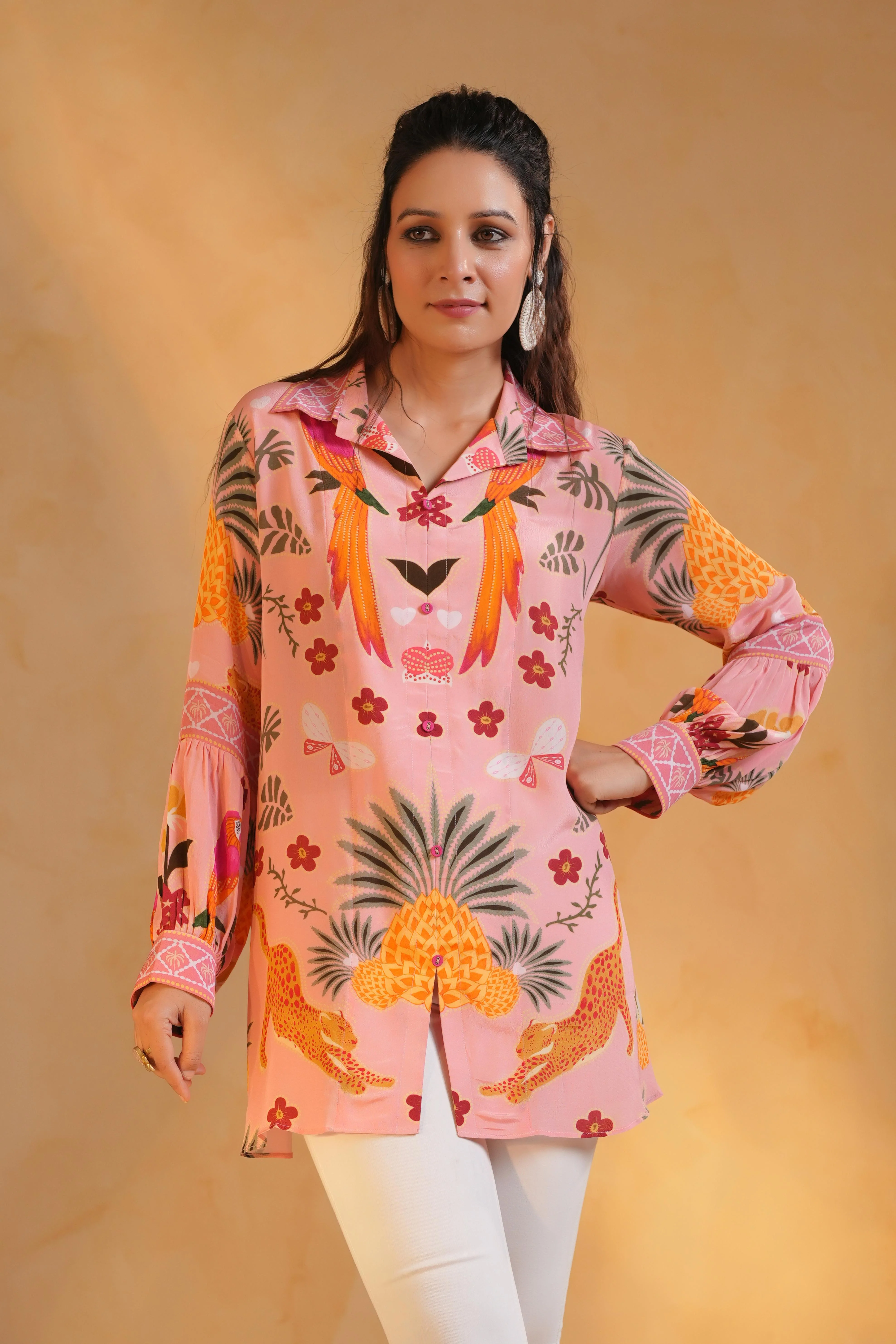 Pastel Pink Printed Crepe Silk Top - Image 2