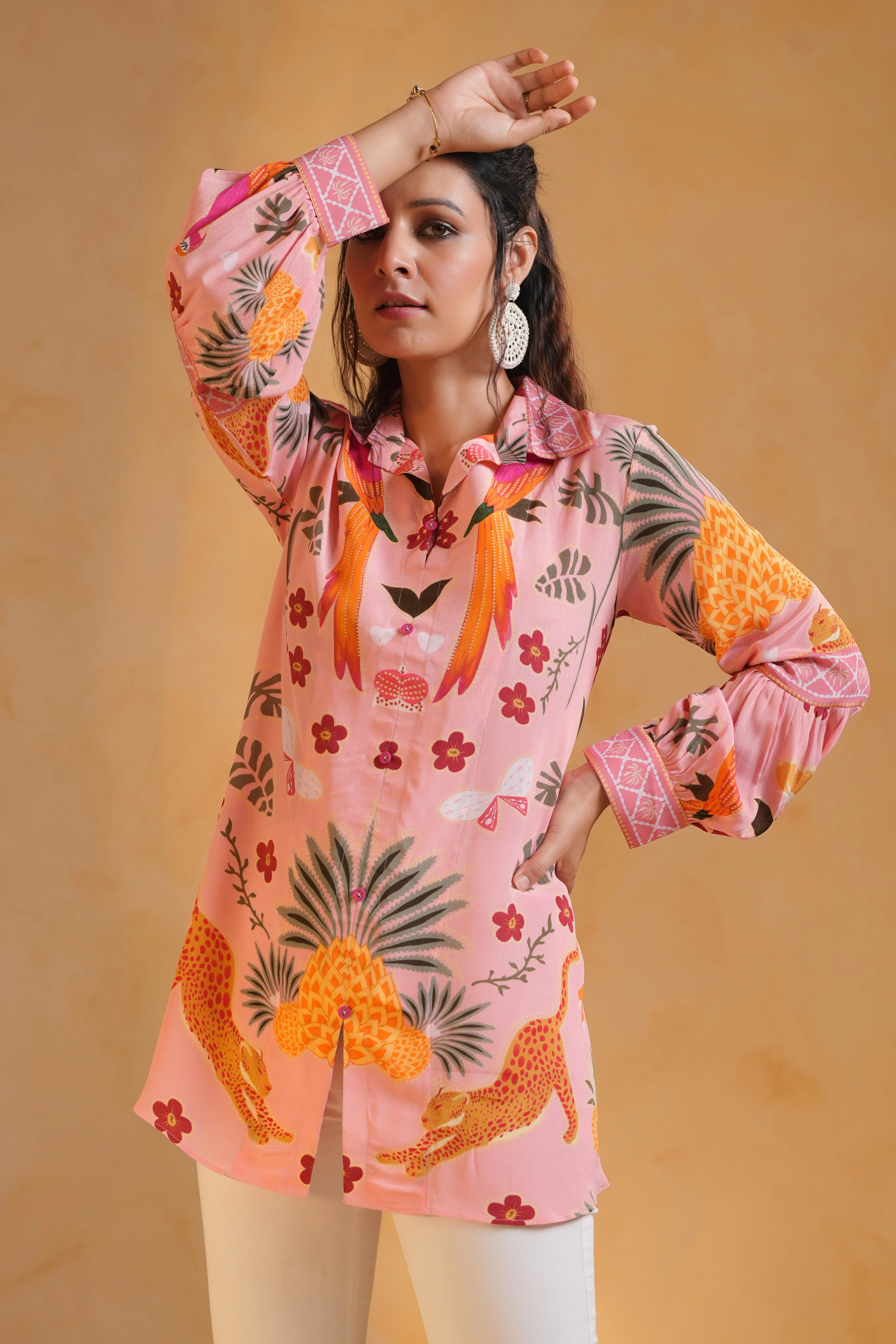 Pastel Pink Printed Crepe Silk Top - Image 3