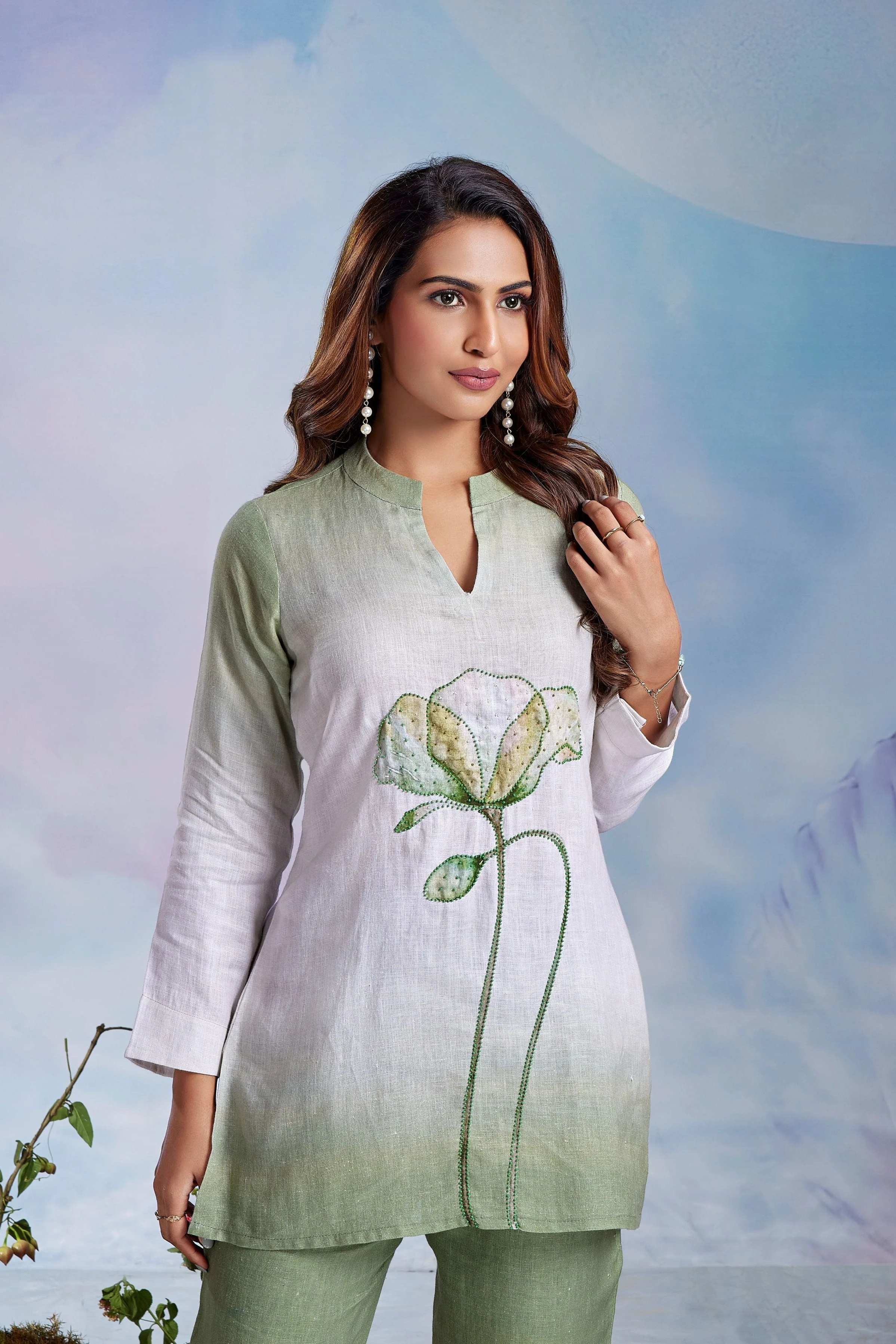 Sage Ombré Embellished Linen Co-Ord Set - Image 2