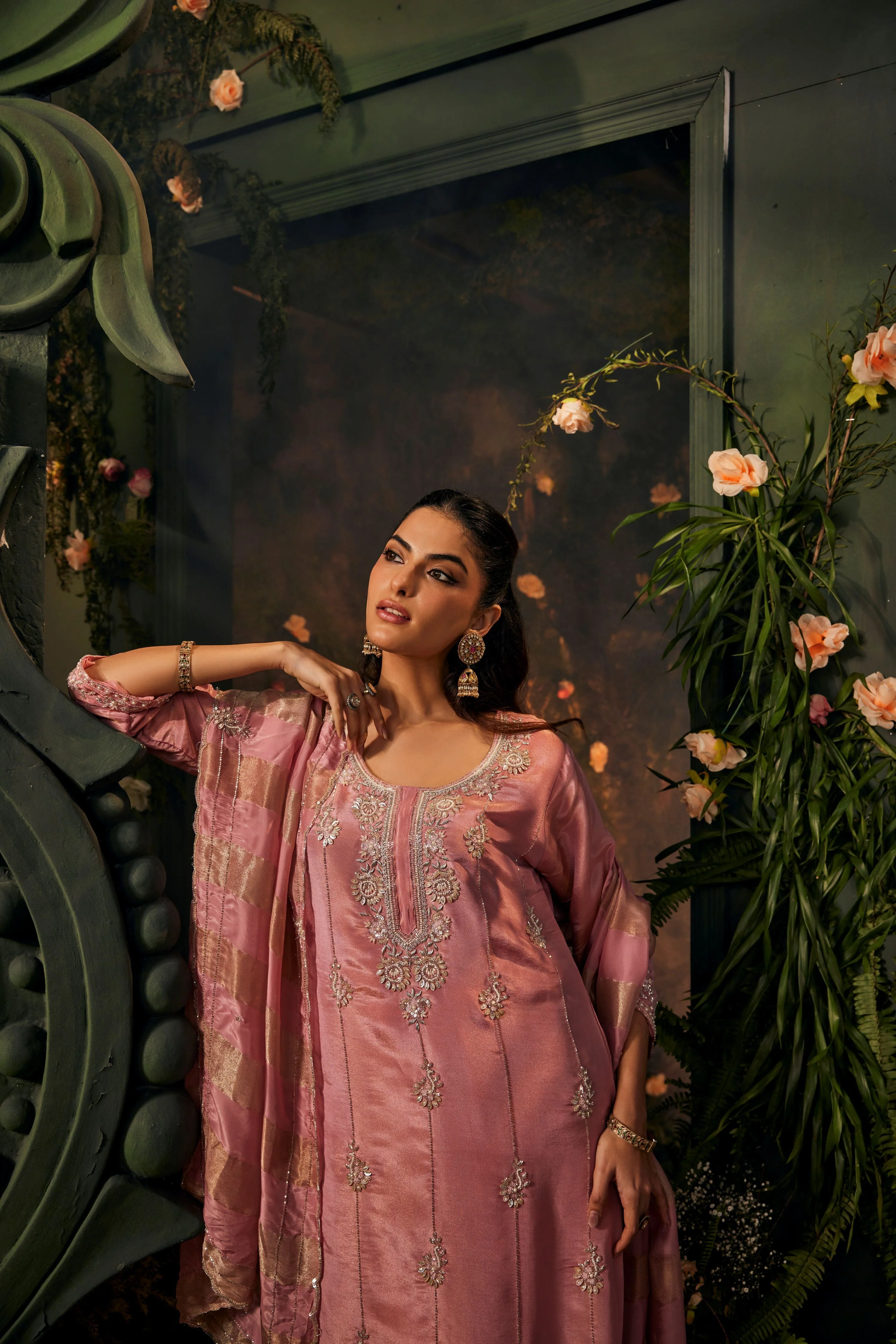 Salmon Pink Embellished Shimmer Tissue Pant Set - Image 3