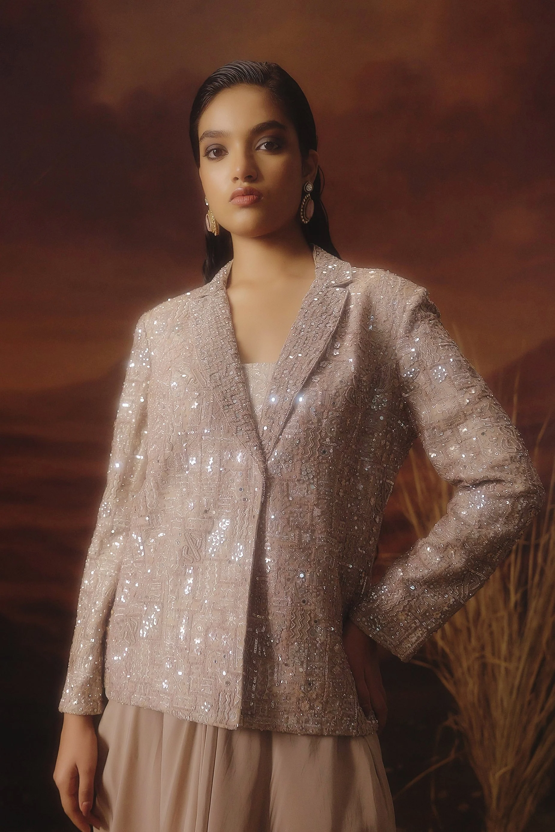 Sand Beige Embellished Crepe Silk Jacket Style Skirt Set - Image 2