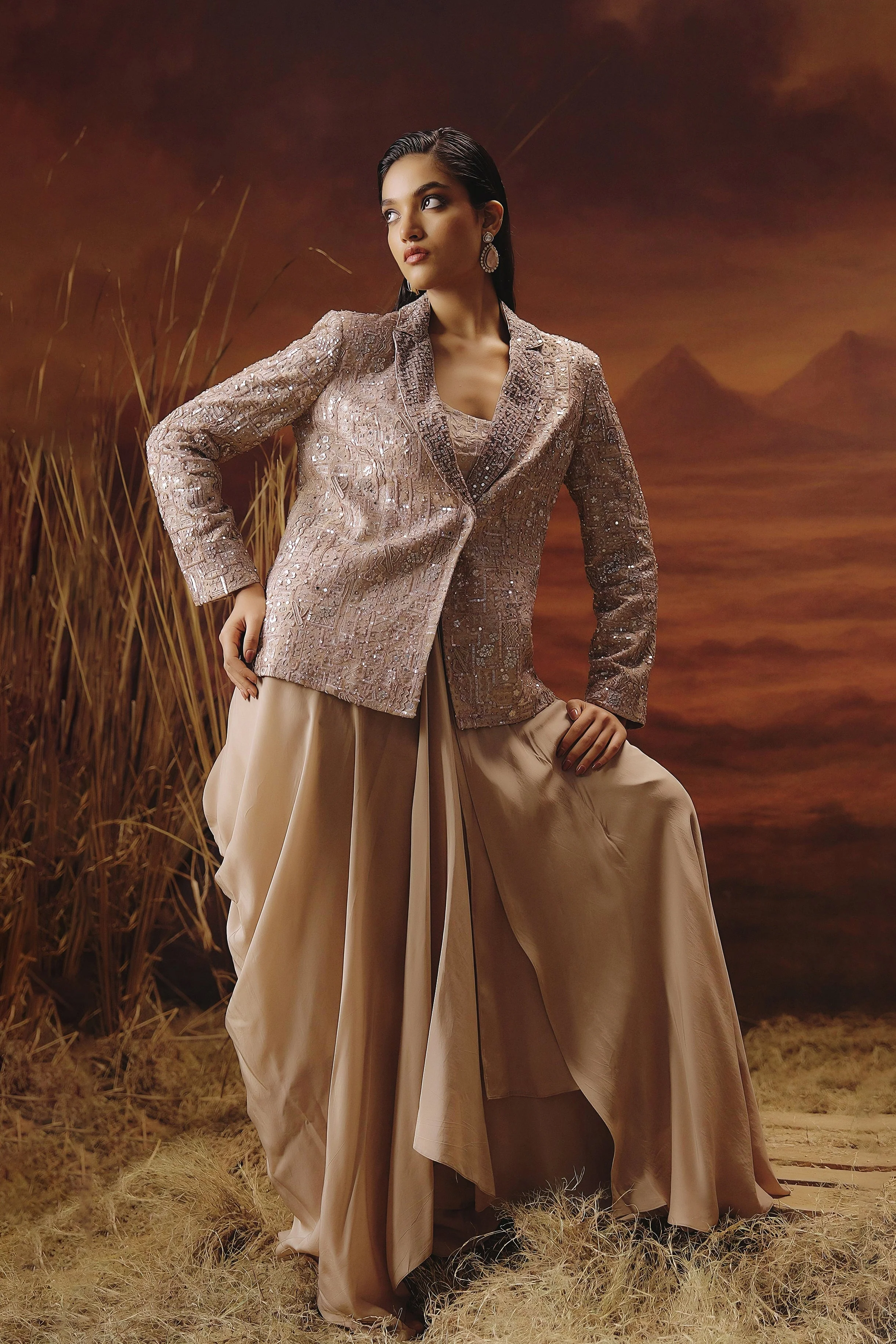 Sand Beige Embellished Crepe Silk Jacket Style Skirt Set - Image 4