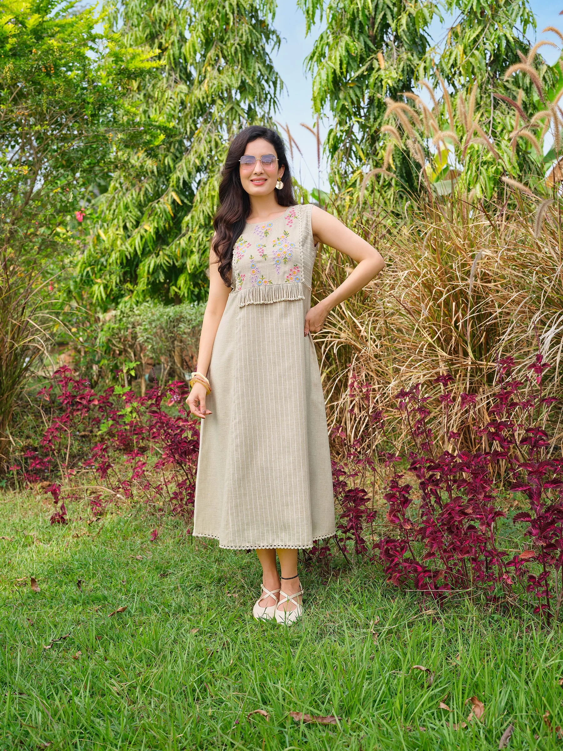 Sand Beige Floral Embroidered Cotton Dress