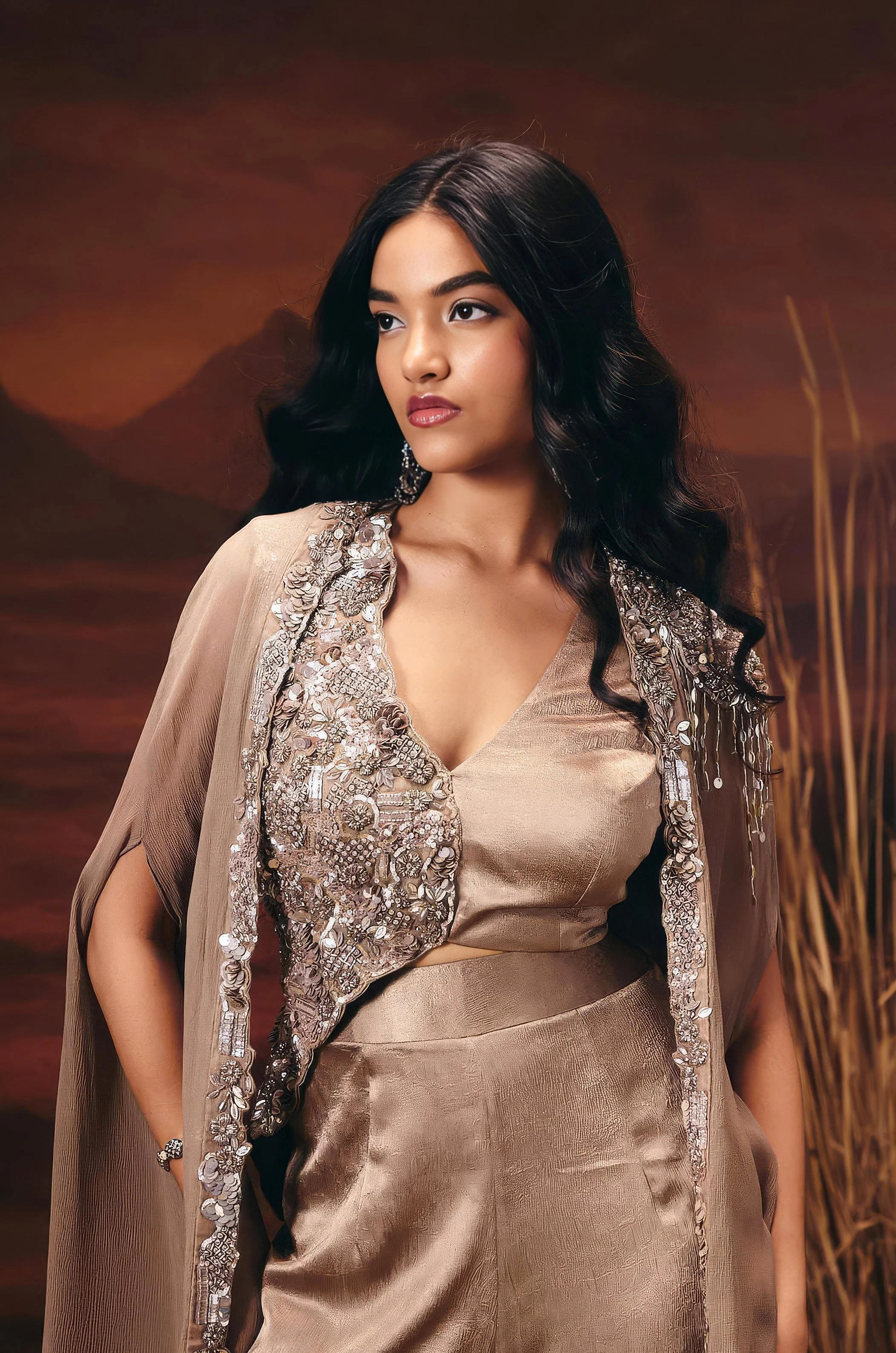 Champagne Gold Embellished Satin Silk Co-Ord Set - Image 3
