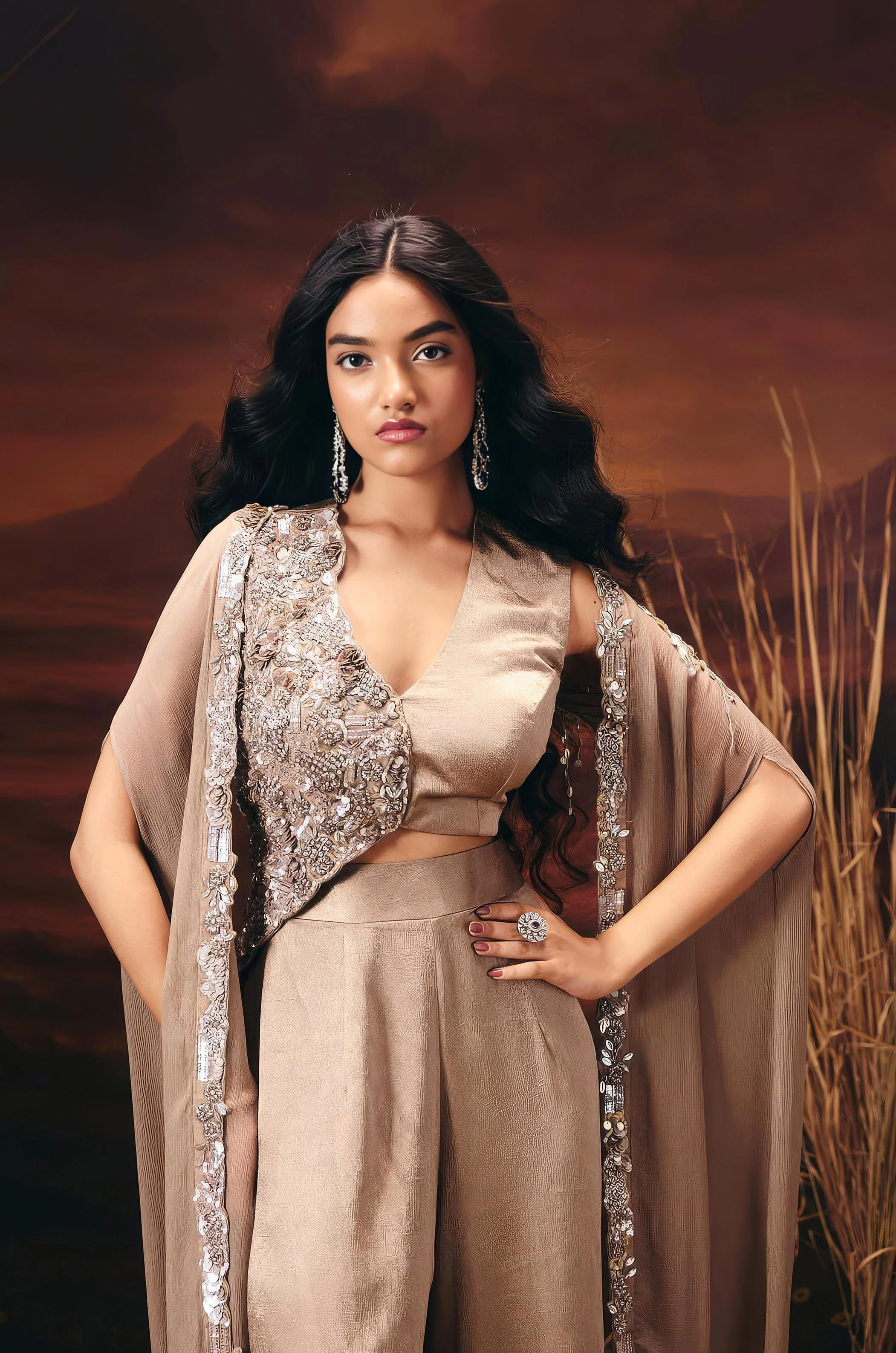 Champagne Gold Embellished Satin Silk Co-Ord Set - Image 4