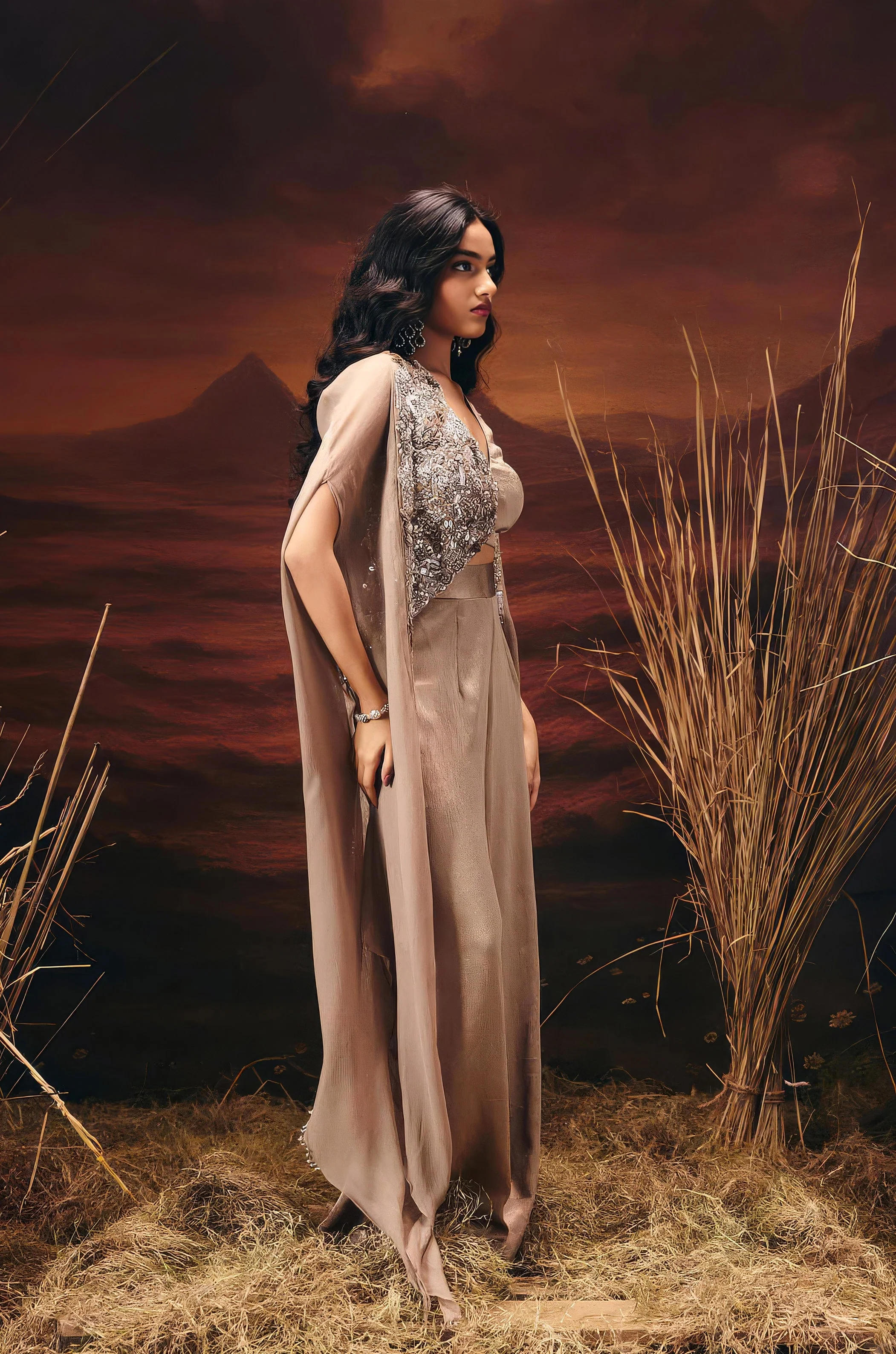 Champagne Gold Embellished Satin Silk Co-Ord Set - Image 5