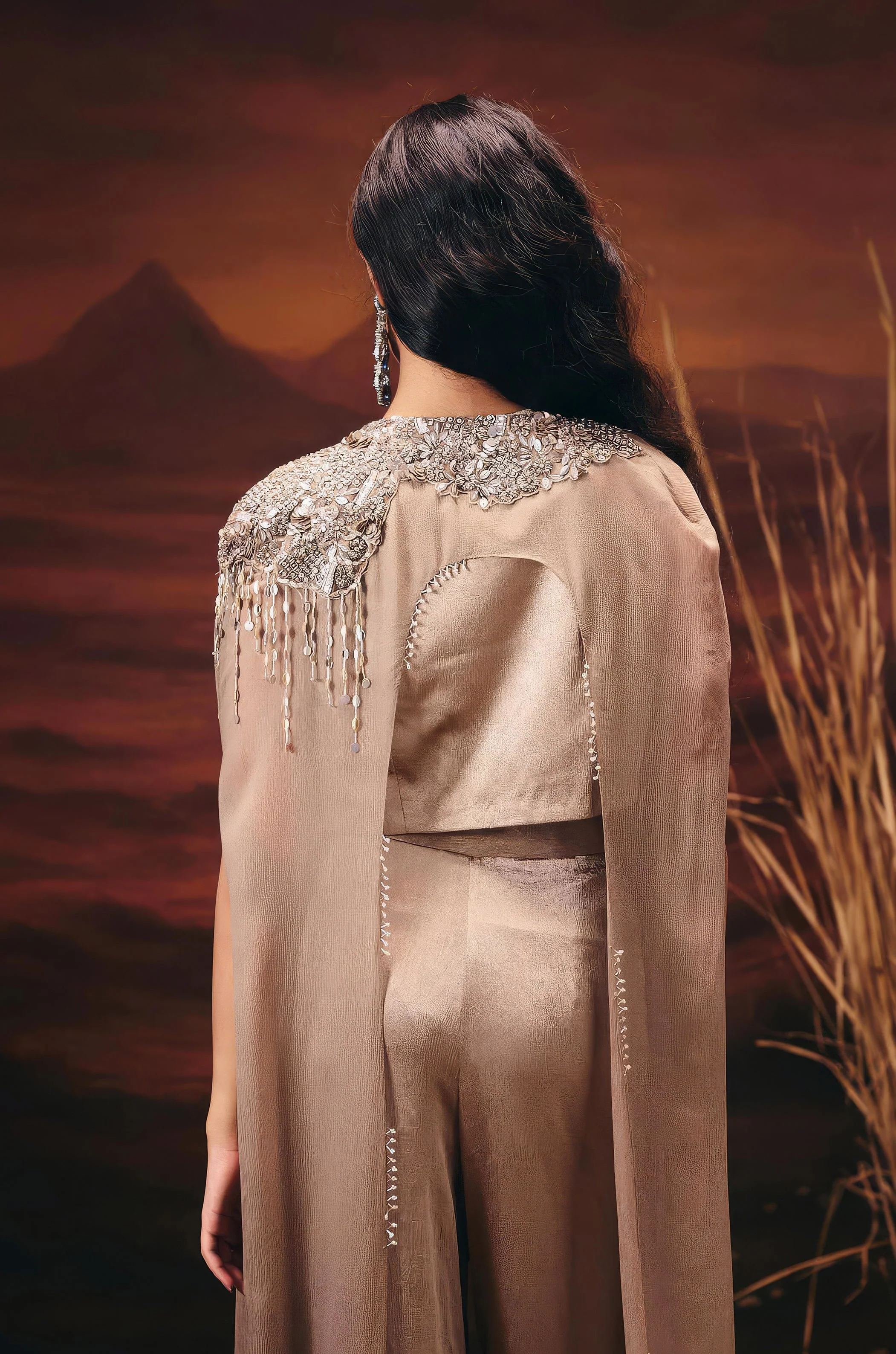 Champagne Gold Embellished Satin Silk Co-Ord Set - Image 6