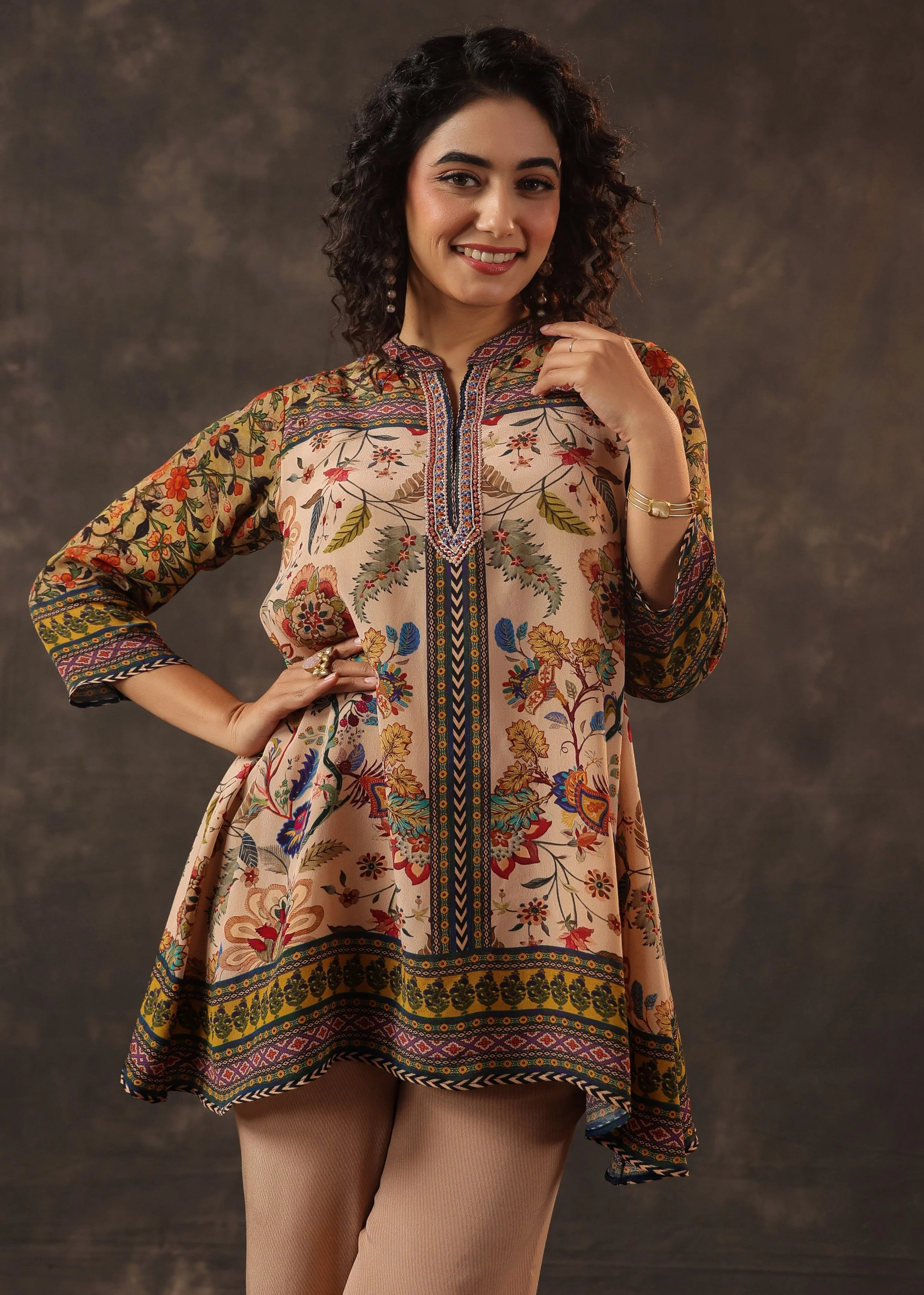 Sandalwood Beige Printed Crepe Silk Co-Ord Set - Image 2
