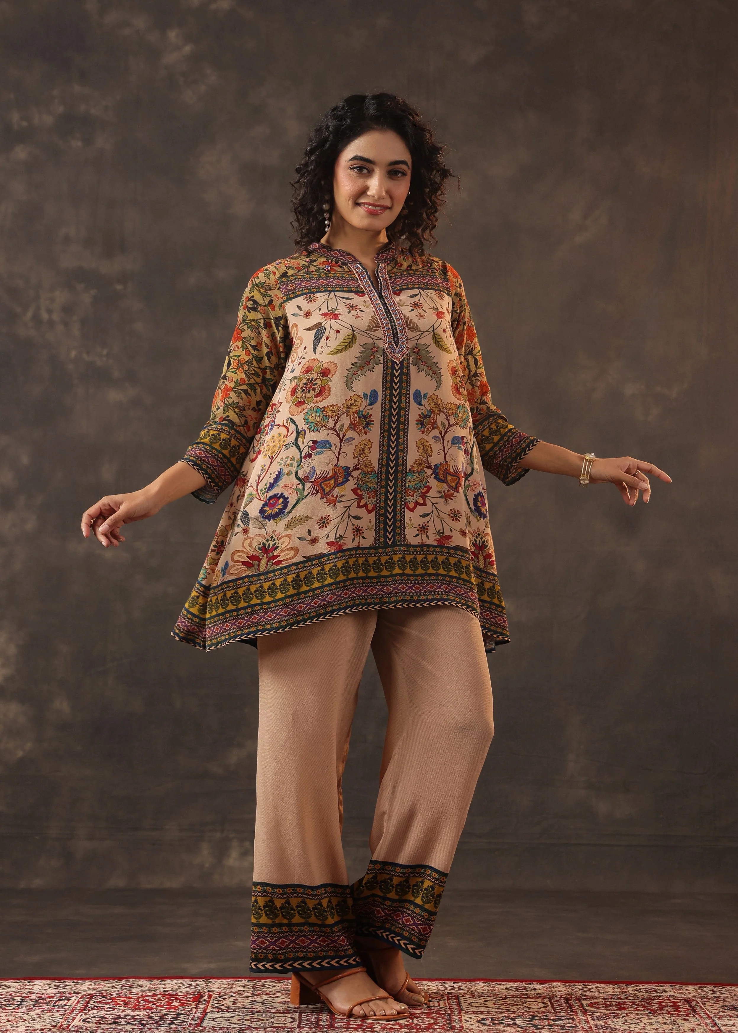 Sandalwood Beige Printed Crepe Silk Co-Ord Set - Image 3