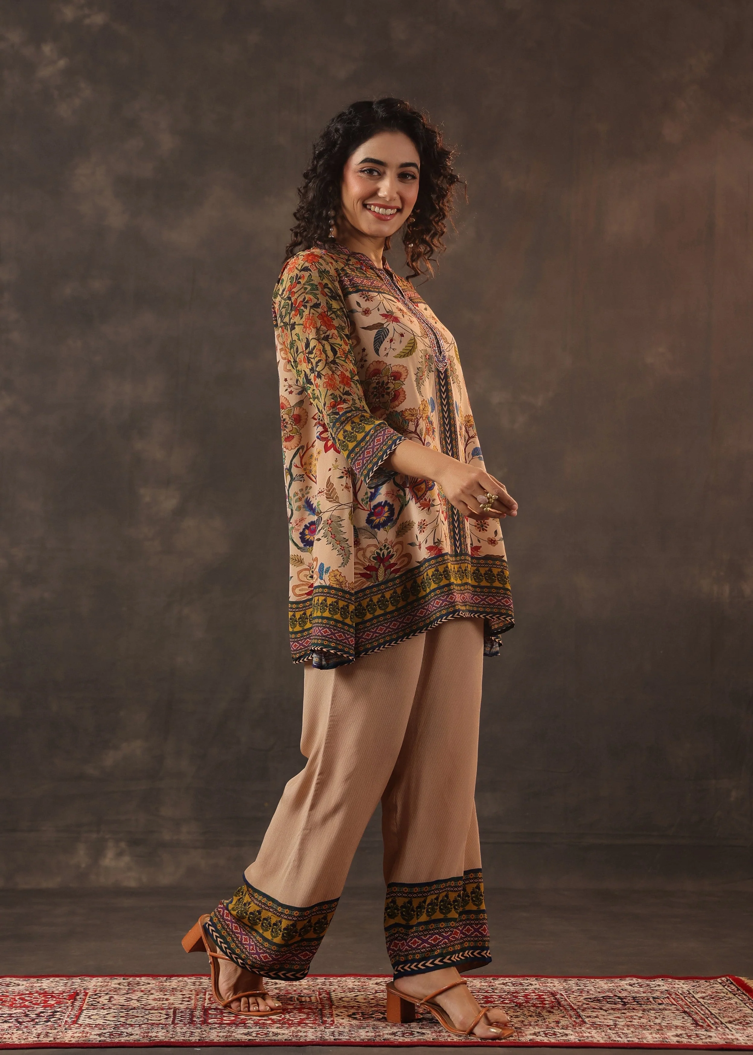 Sandalwood Beige Printed Crepe Silk Co-Ord Set - Image 4