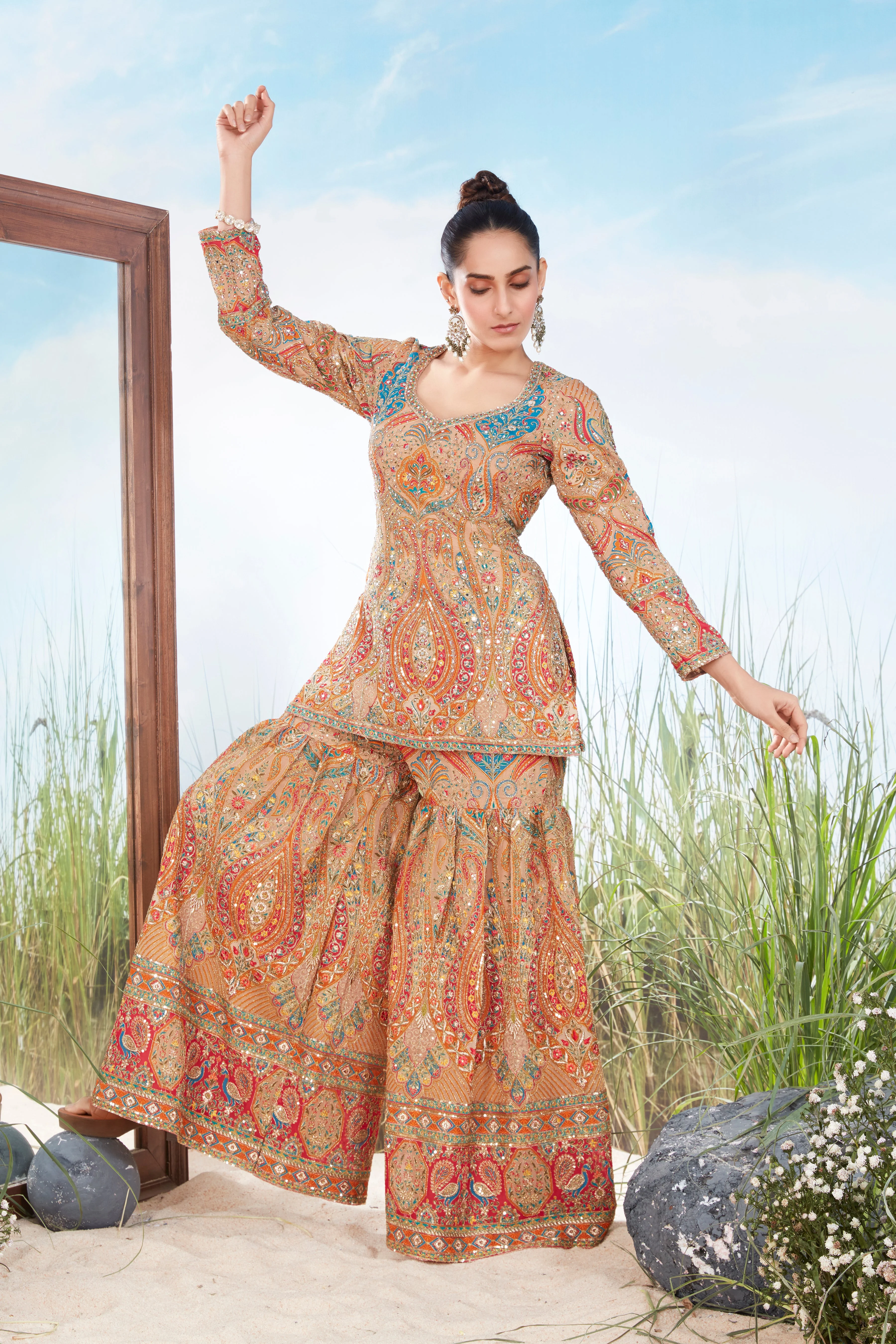 Sandy Tan Embellished Georgette Silk Sharara Set - Image 2