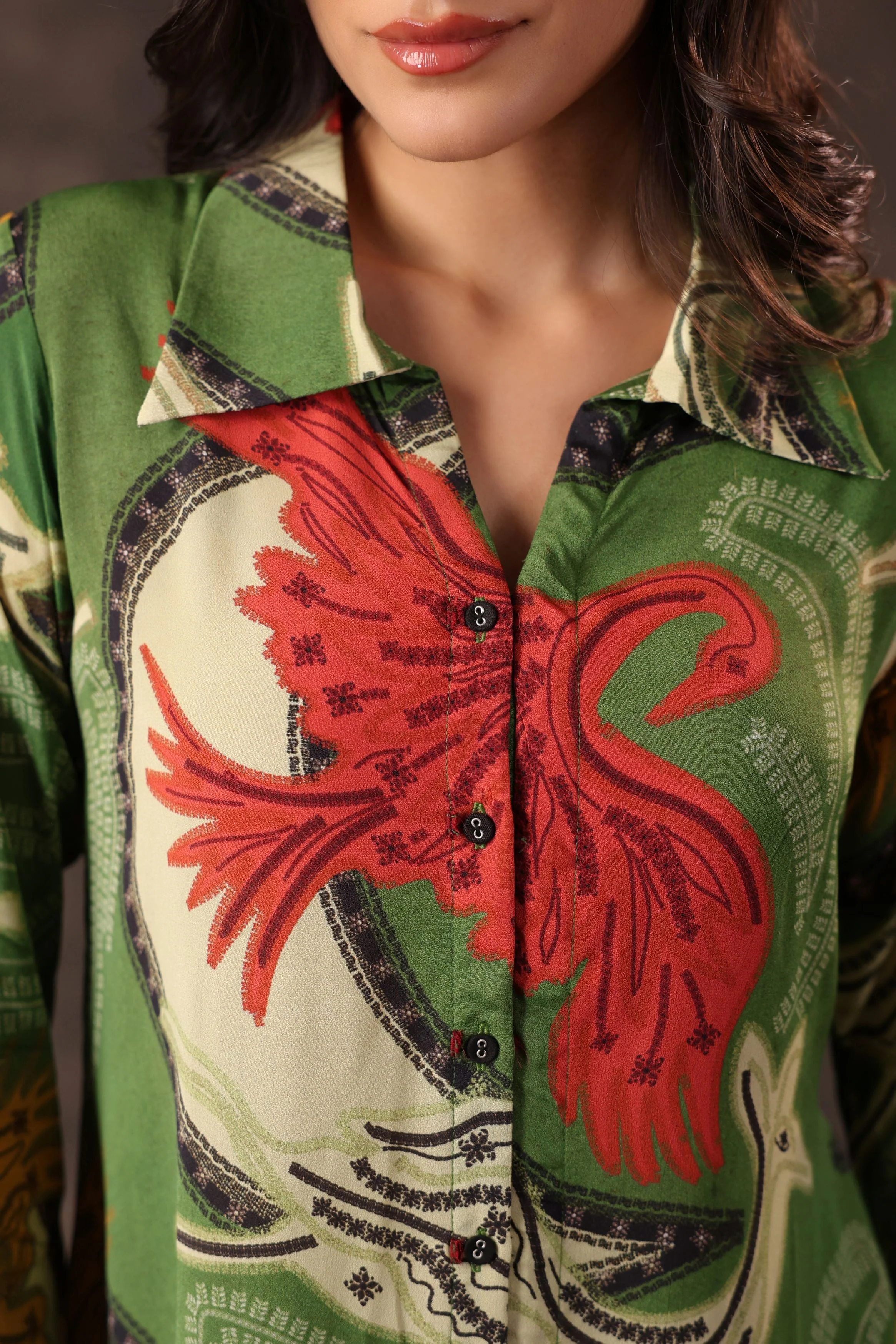 Sap Green Printed Crepe Silk Top - Image 2
