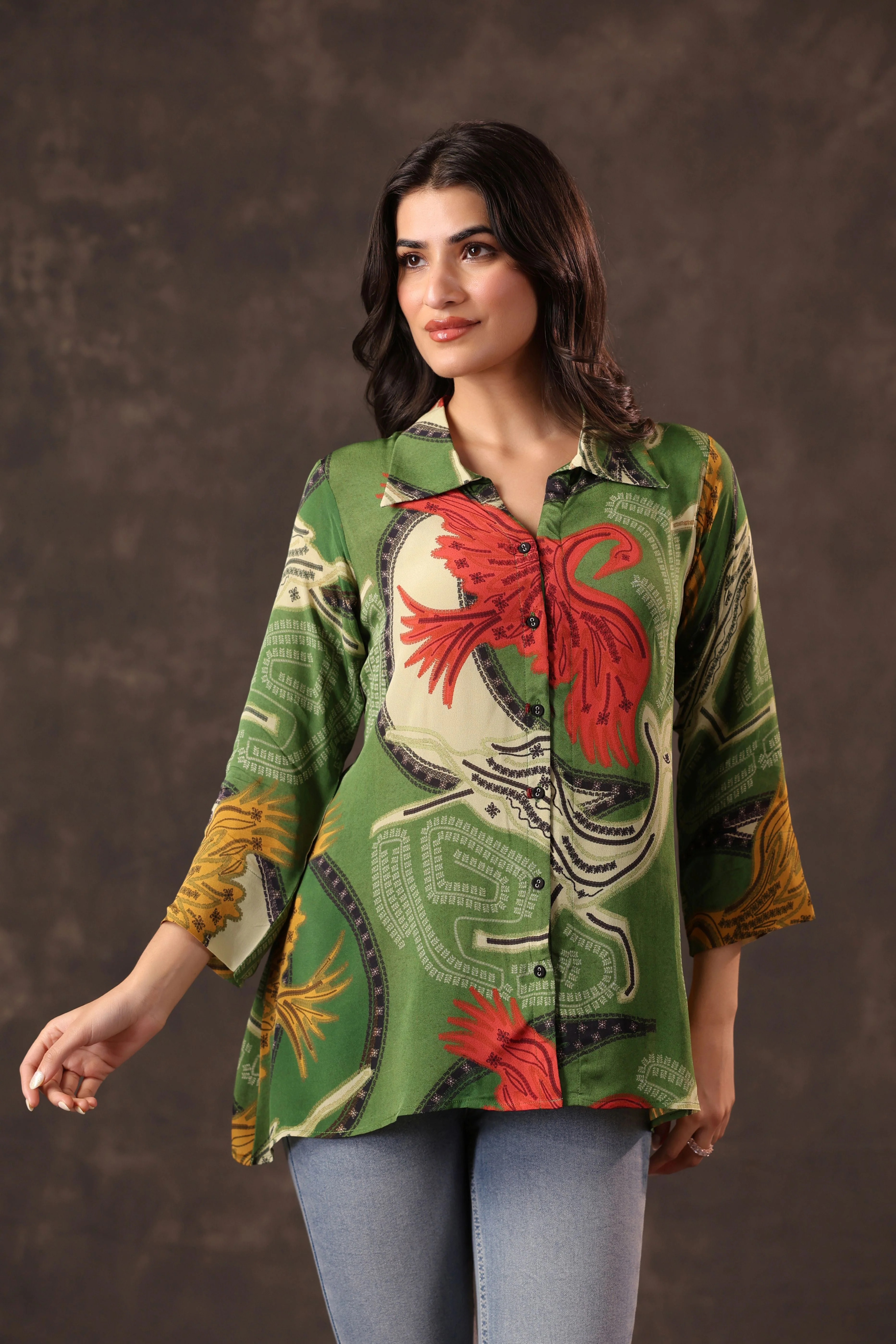 Sap Green Printed Crepe Silk Top - Image 3
