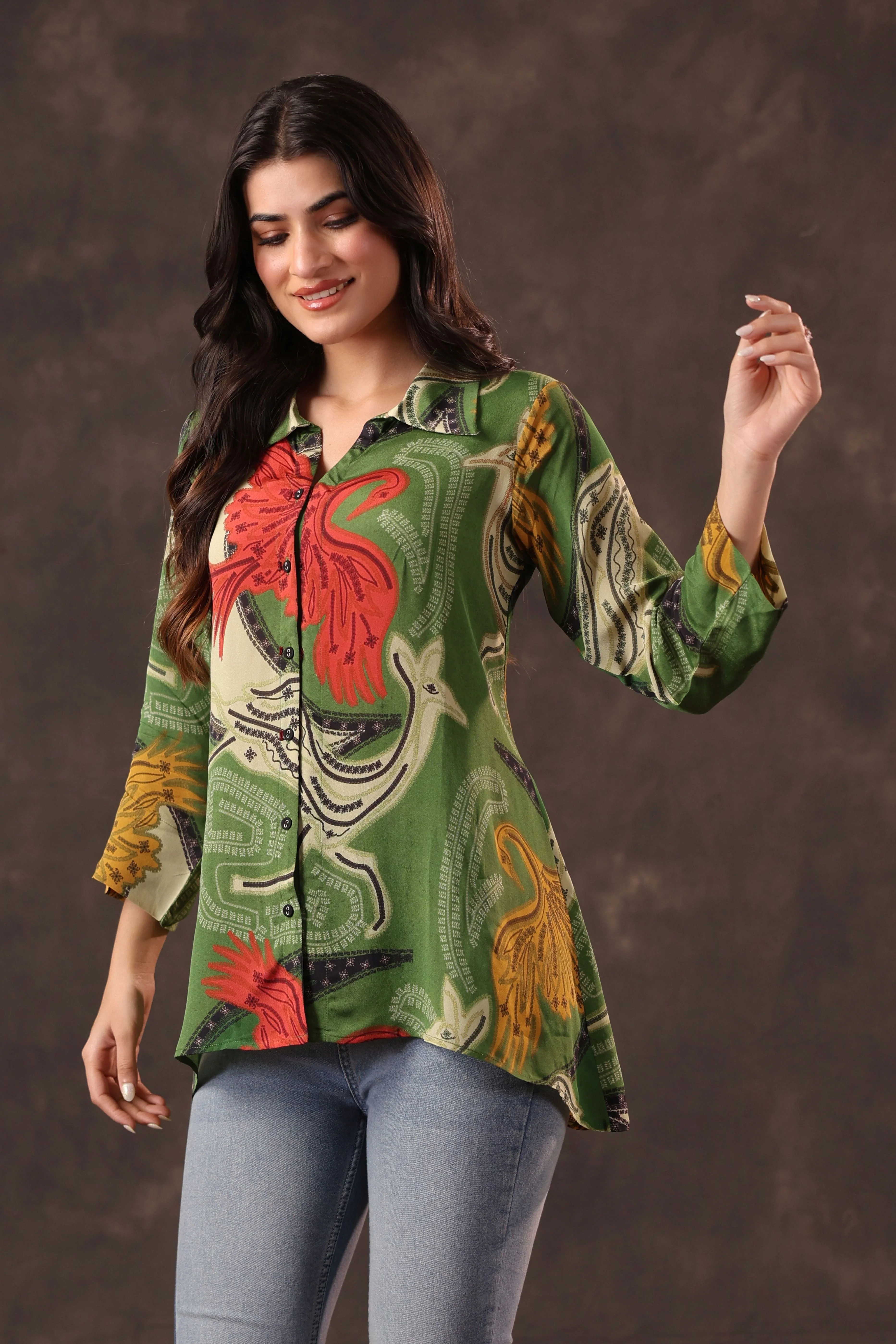 Sap Green Printed Crepe Silk Top - Image 4
