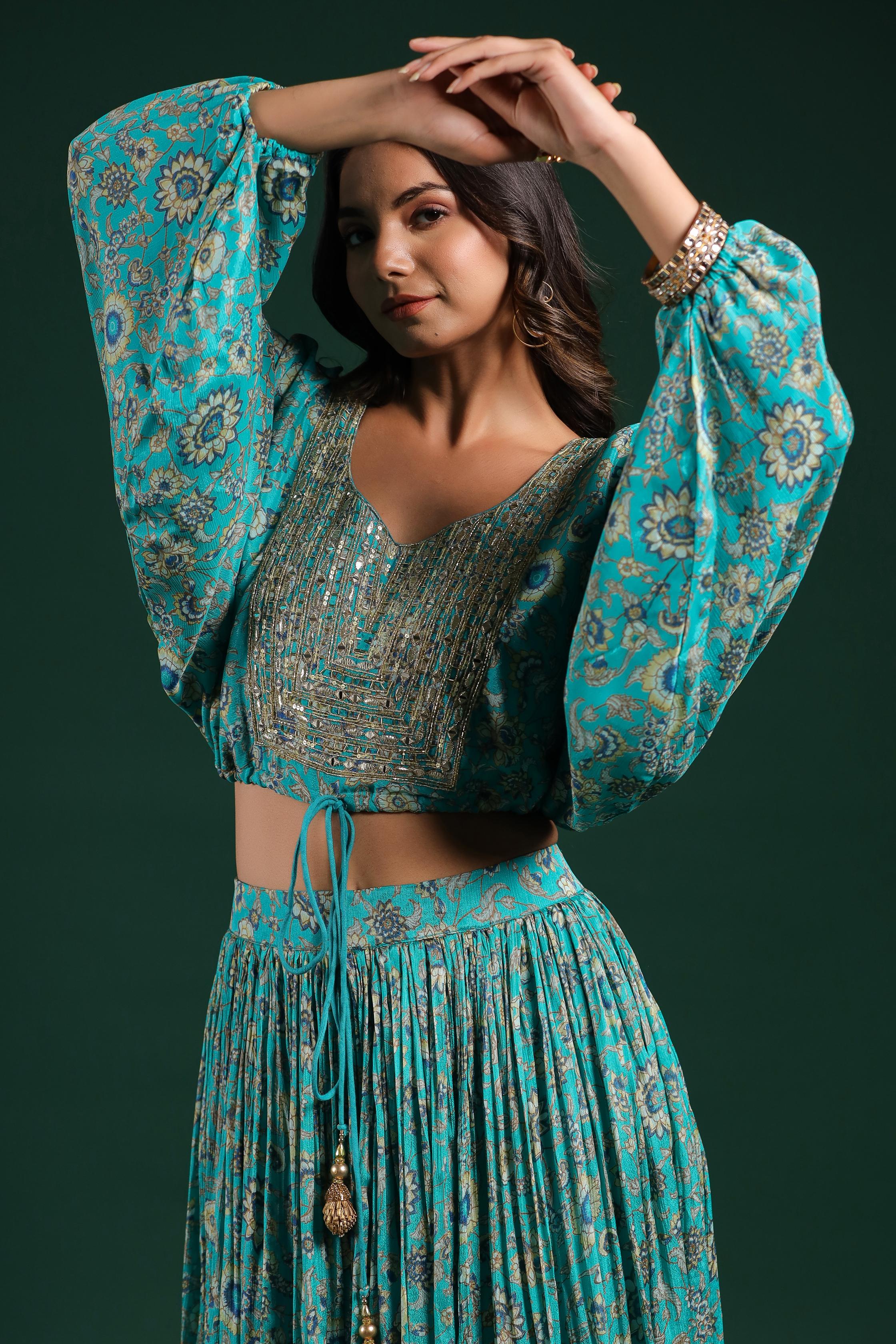 Sapphire Blue Embellished Chinon Silk Skirt Set - Image 2