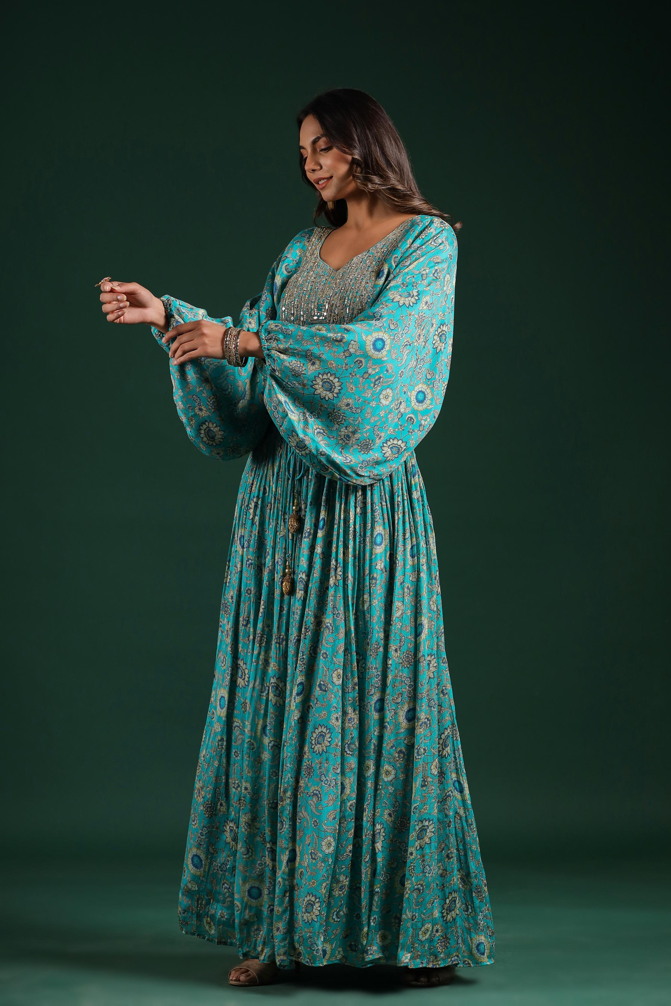 Sapphire Blue Embellished Chinon Silk Skirt Set - Image 3