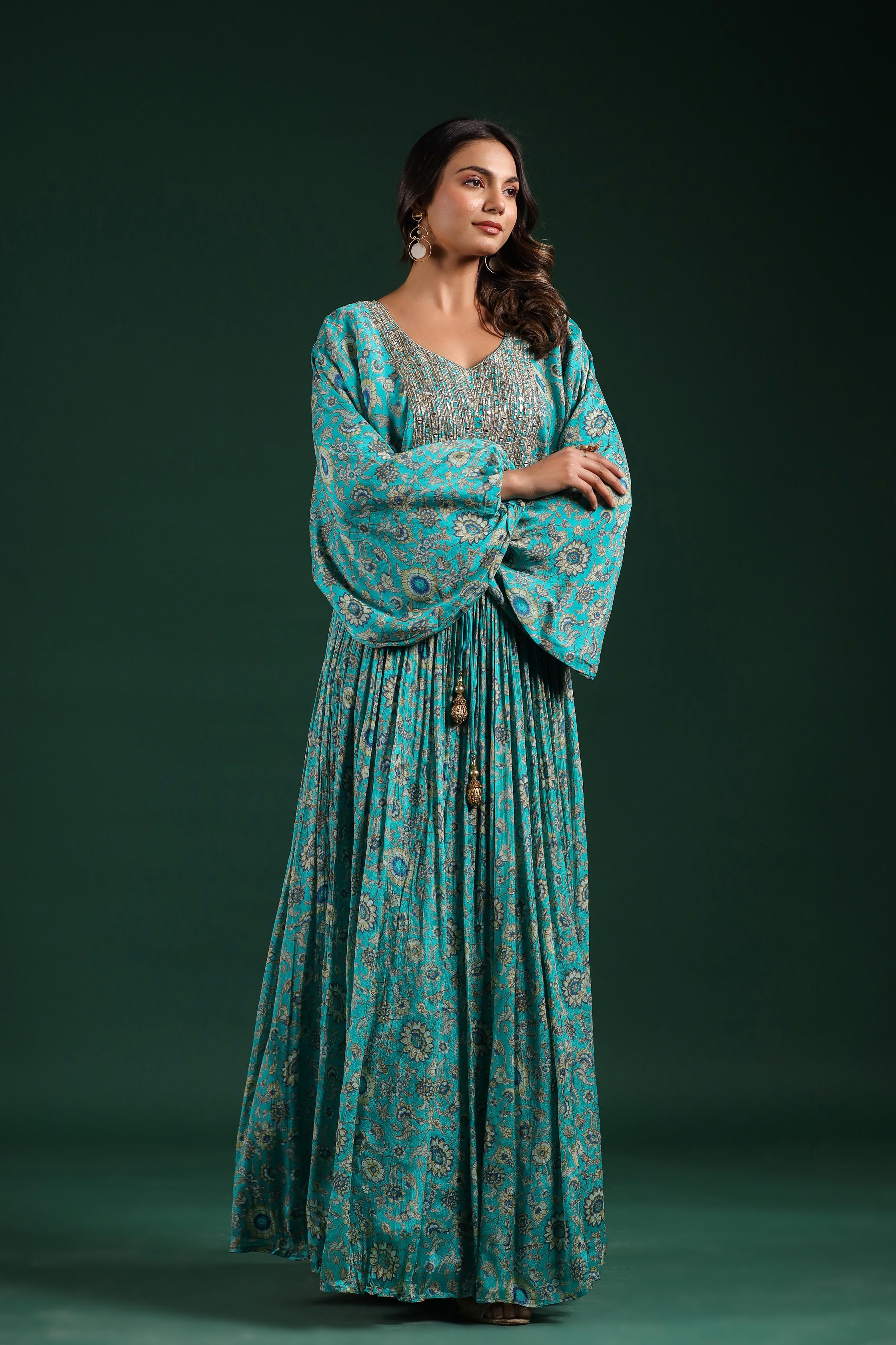 Sapphire Blue Embellished Chinon Silk Skirt Set - Image 4