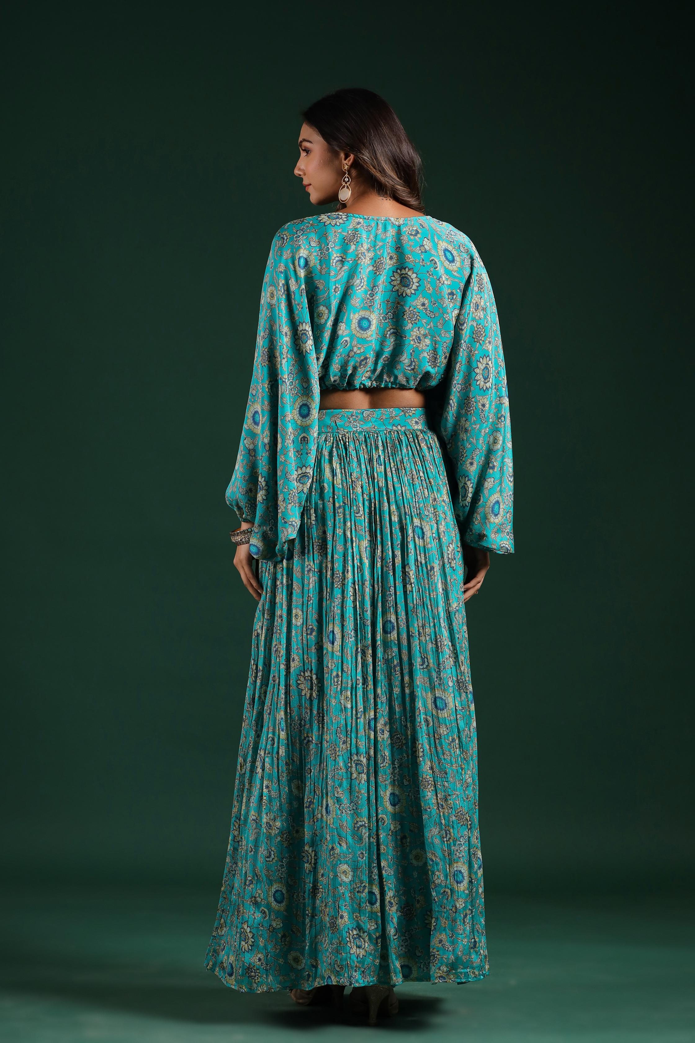 Sapphire Blue Embellished Chinon Silk Skirt Set - Image 5