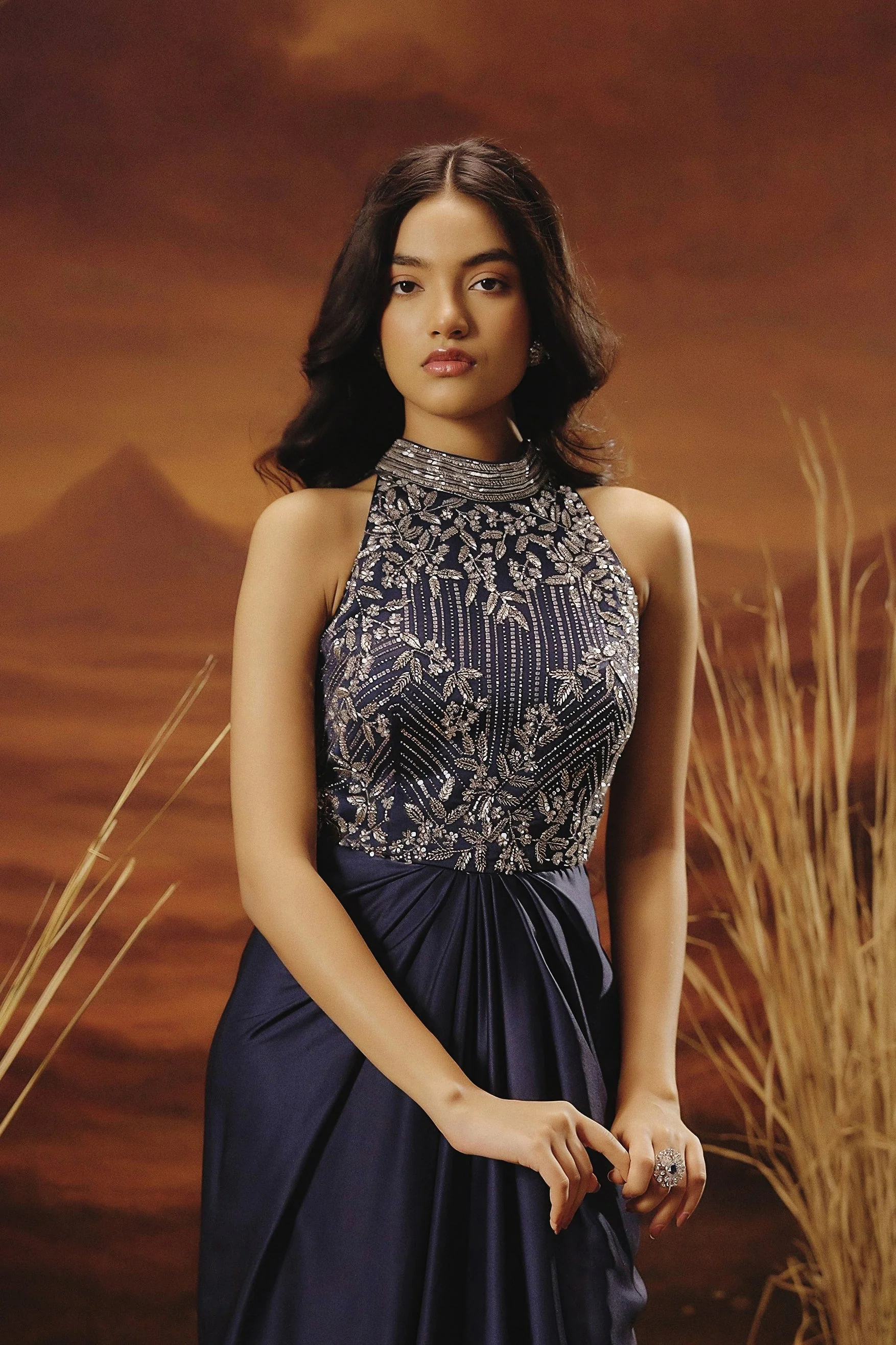 Sapphire Blue Embellished Satin Silk Gown - Image 4