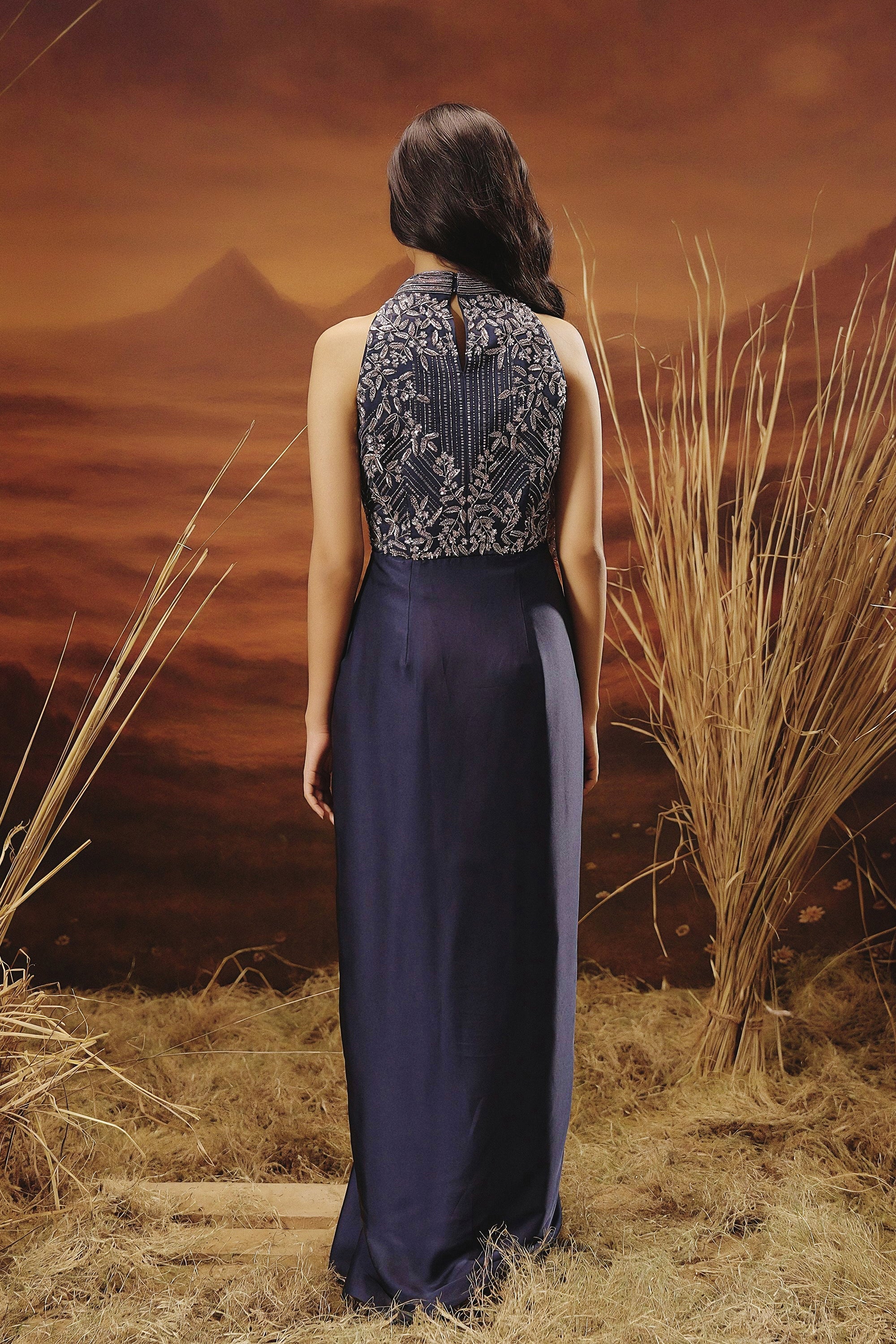 Sapphire Blue Embellished Satin Silk Gown - Image 6