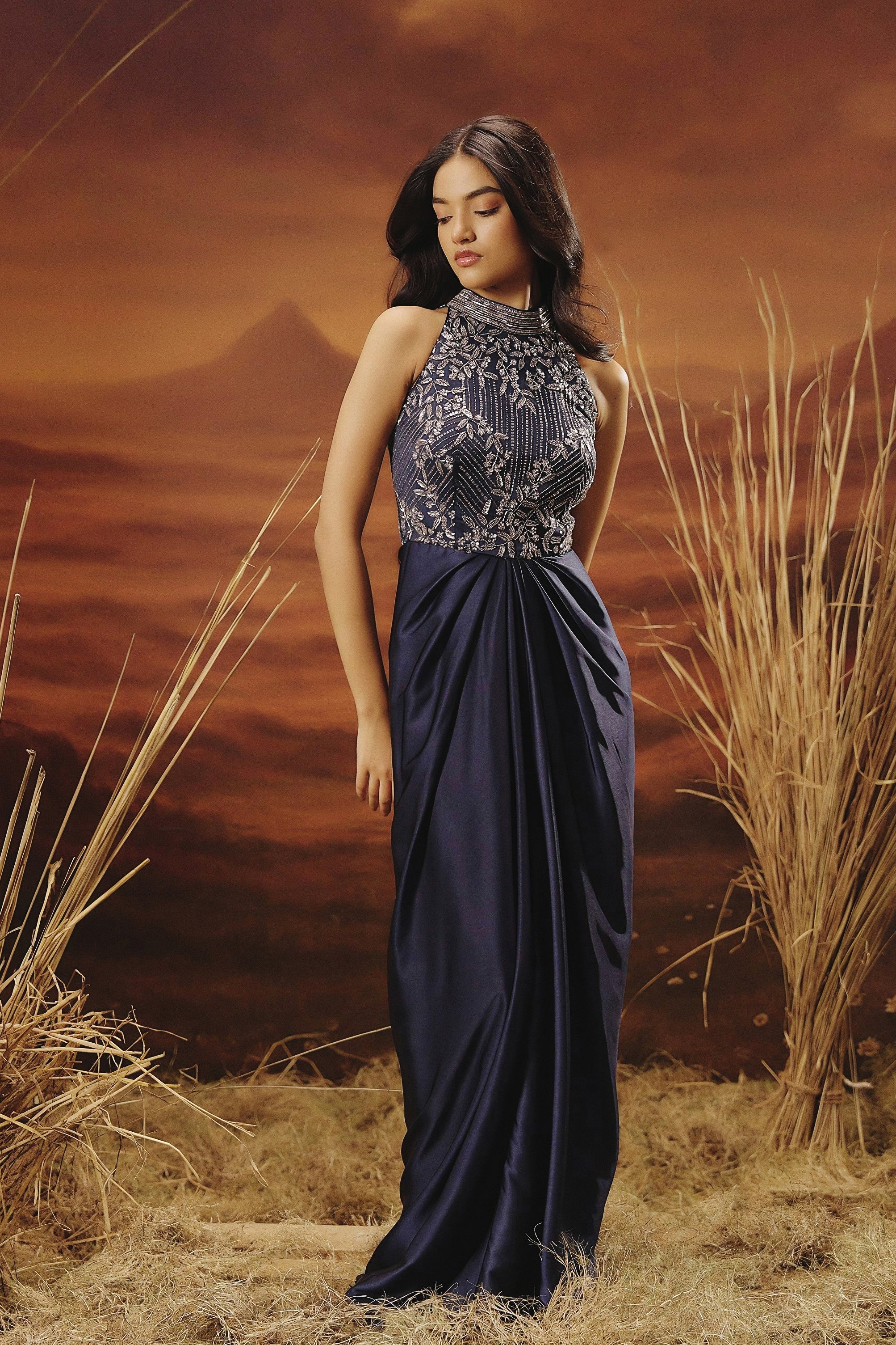 Sapphire Blue Embellished Satin Silk Gown - Image 7
