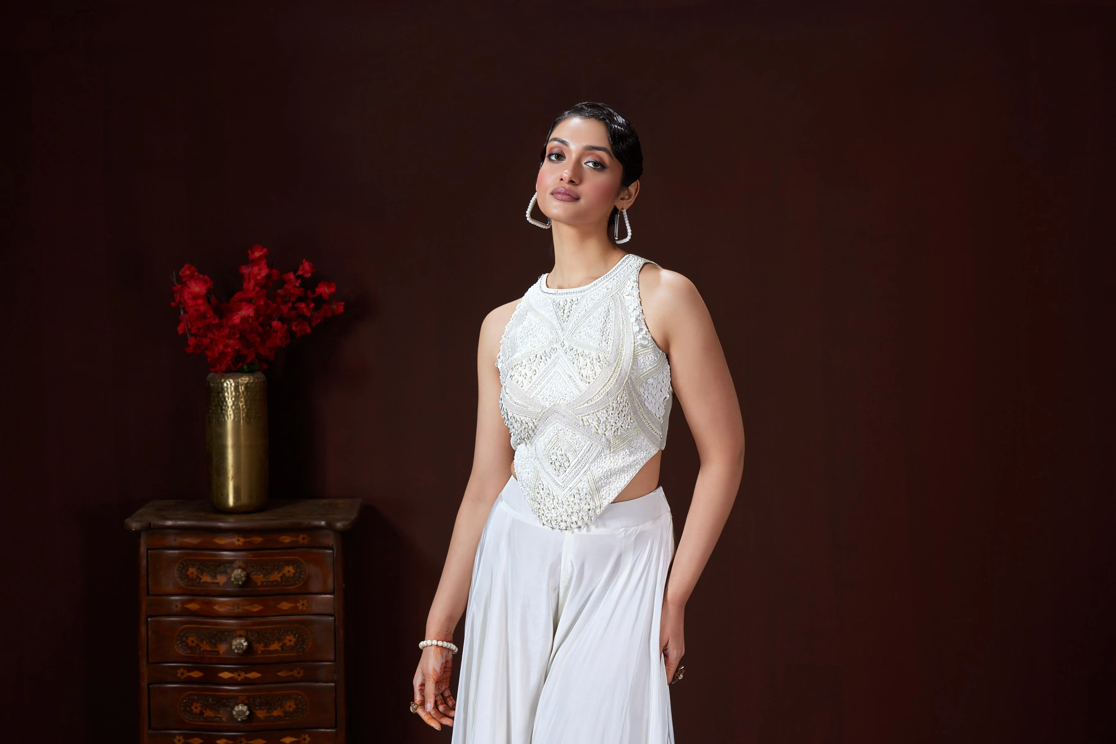 Pure White Embellished Crepe Silk Palazzo Set - Image 2