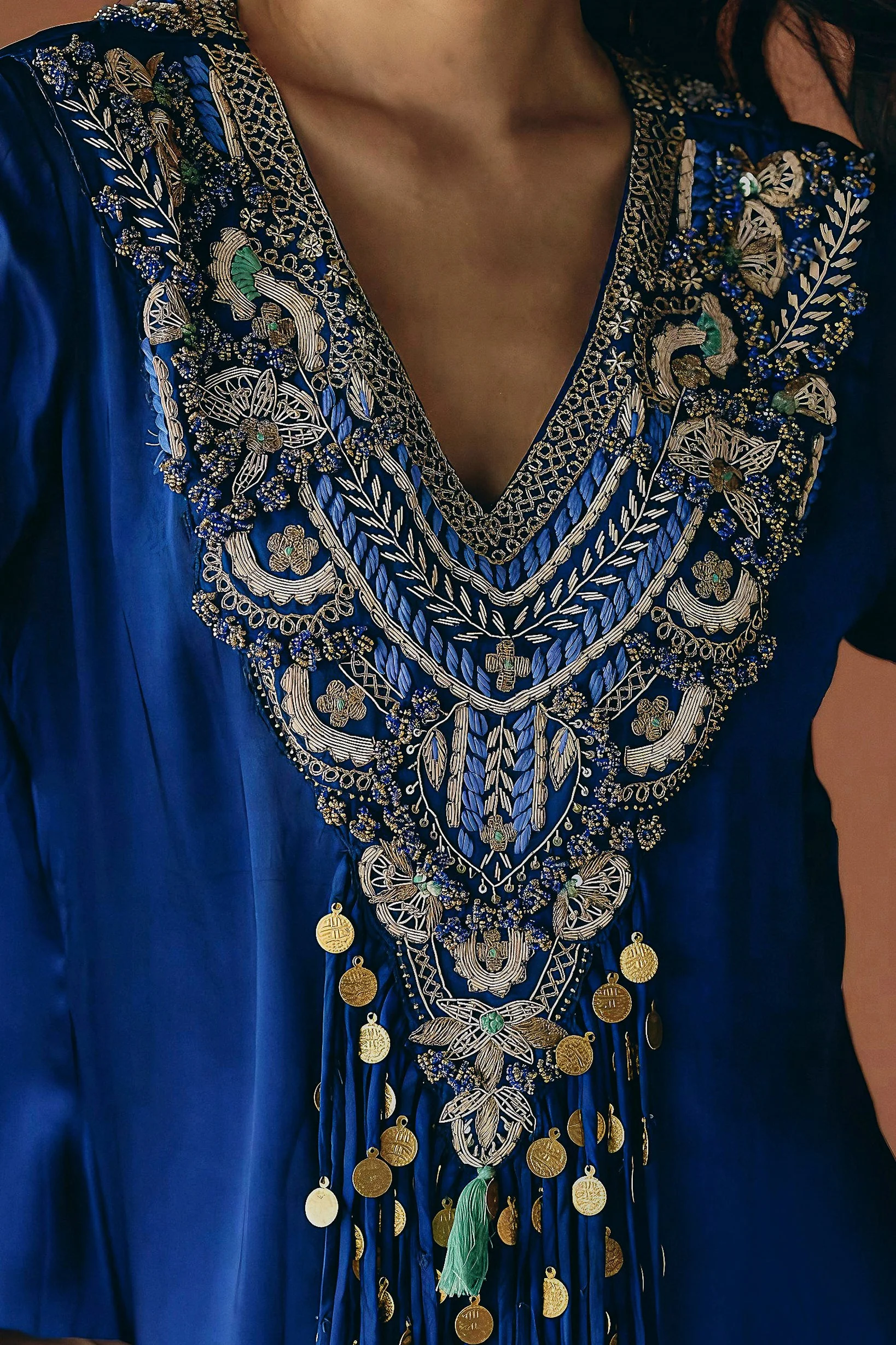 Sapphire Blue Embellished Satin Silk Skirt Set - Image 2