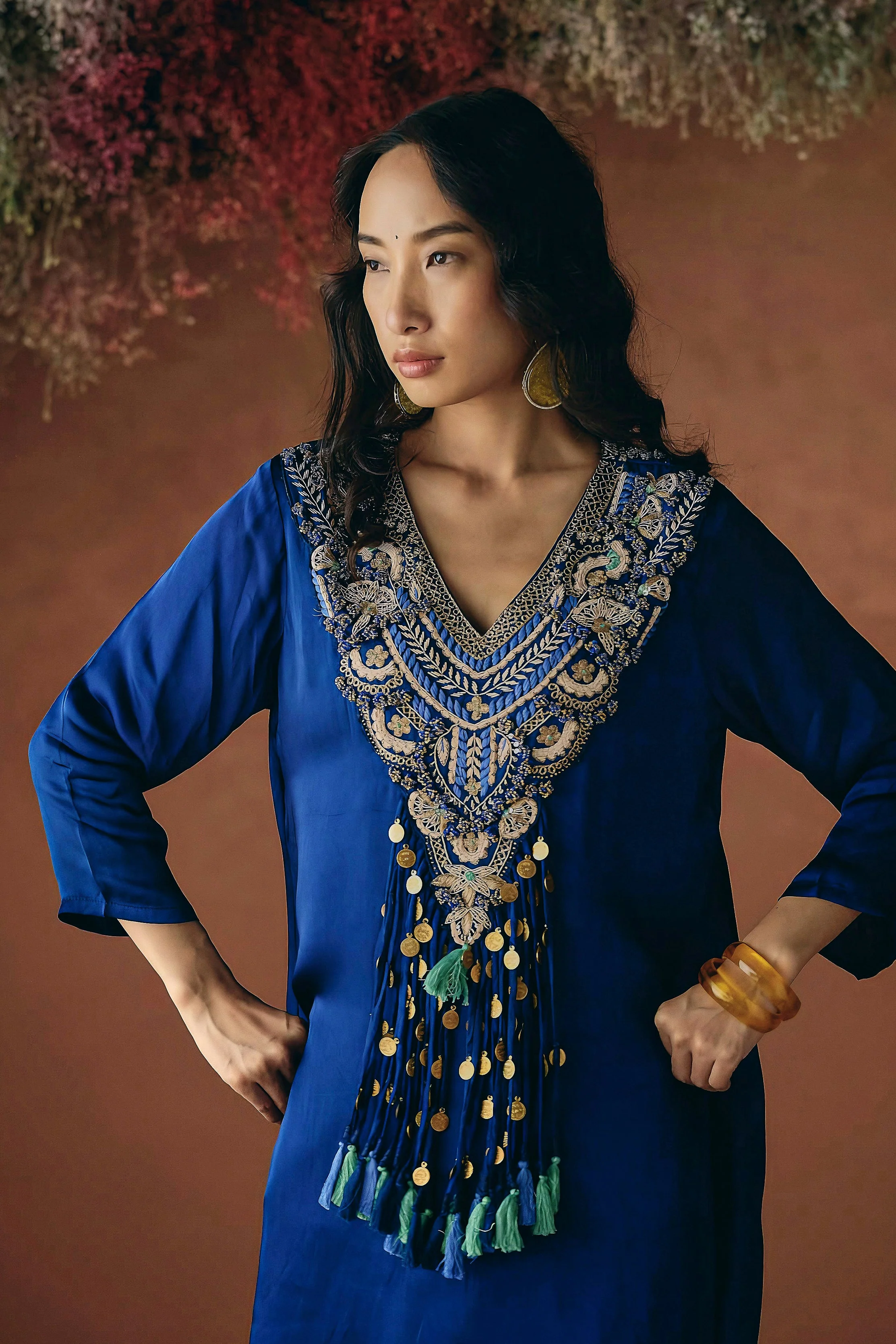 Sapphire Blue Embellished Satin Silk Skirt Set - Image 3