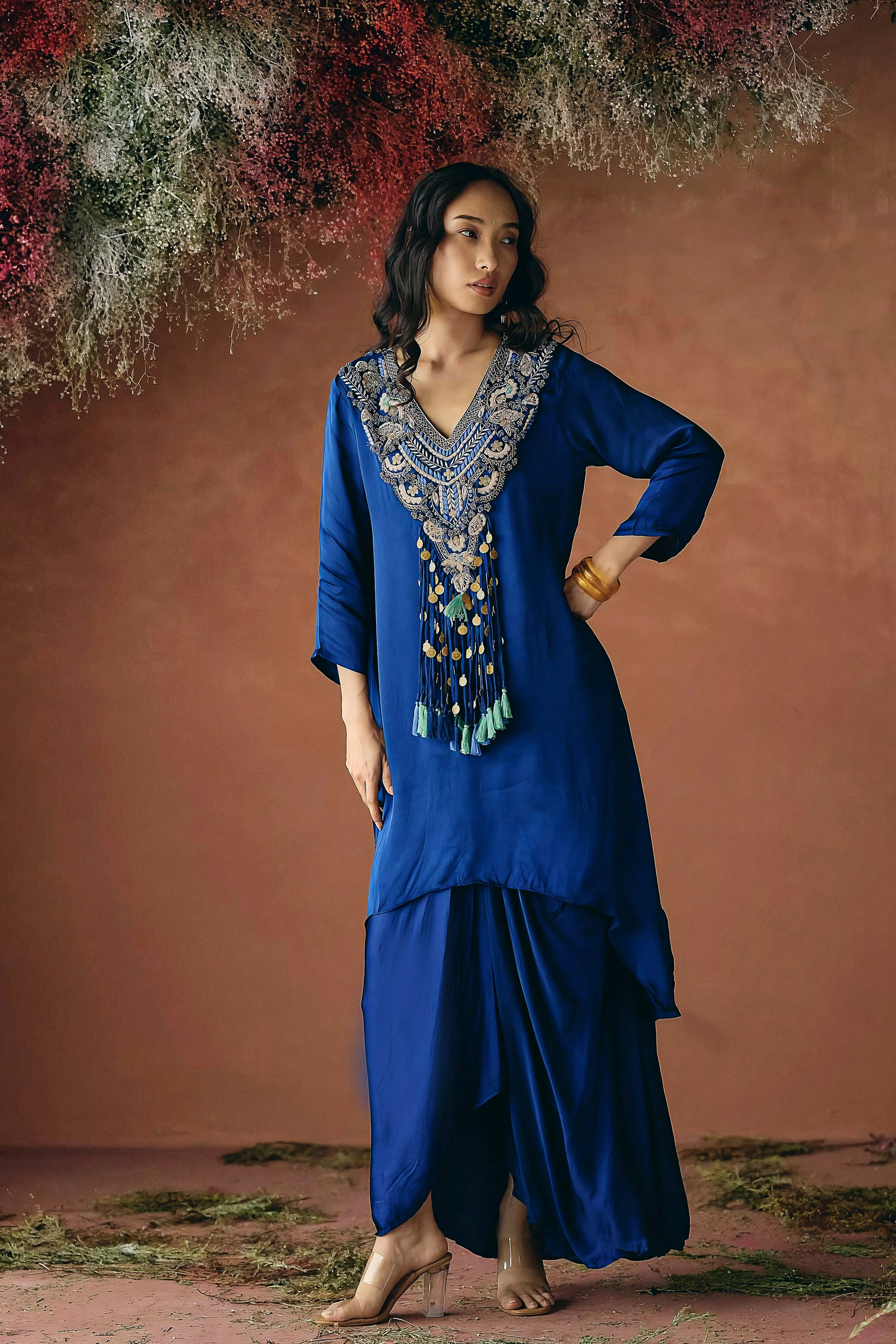 Sapphire Blue Embellished Satin Silk Skirt Set - Image 4