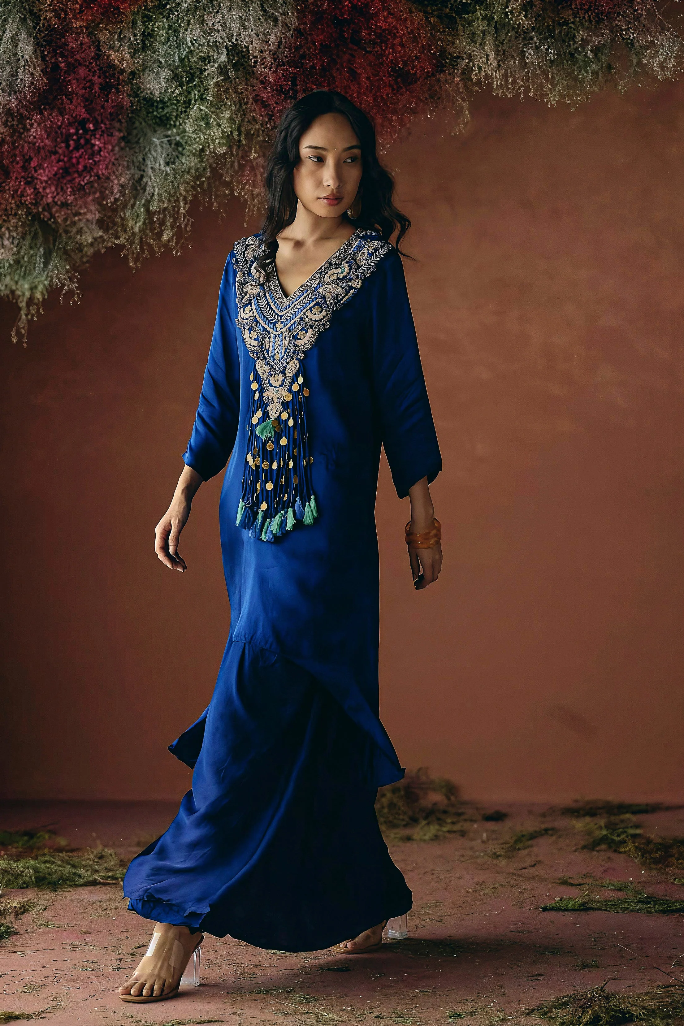 Sapphire Blue Embellished Satin Silk Skirt Set - Image 5